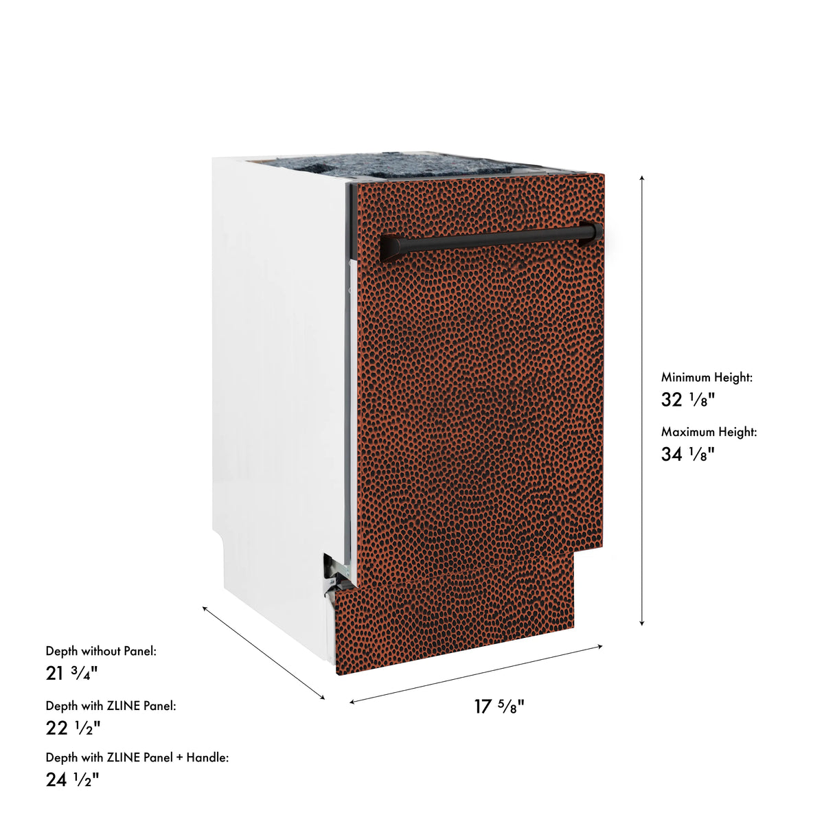 Hammered copper dishwasher front panel with height and depth measurement lines