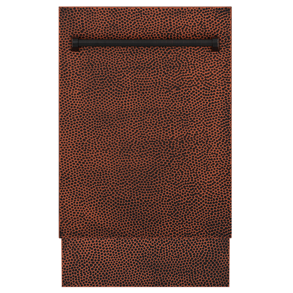 Hammered copper dishwasher door front panel with black rack opening
