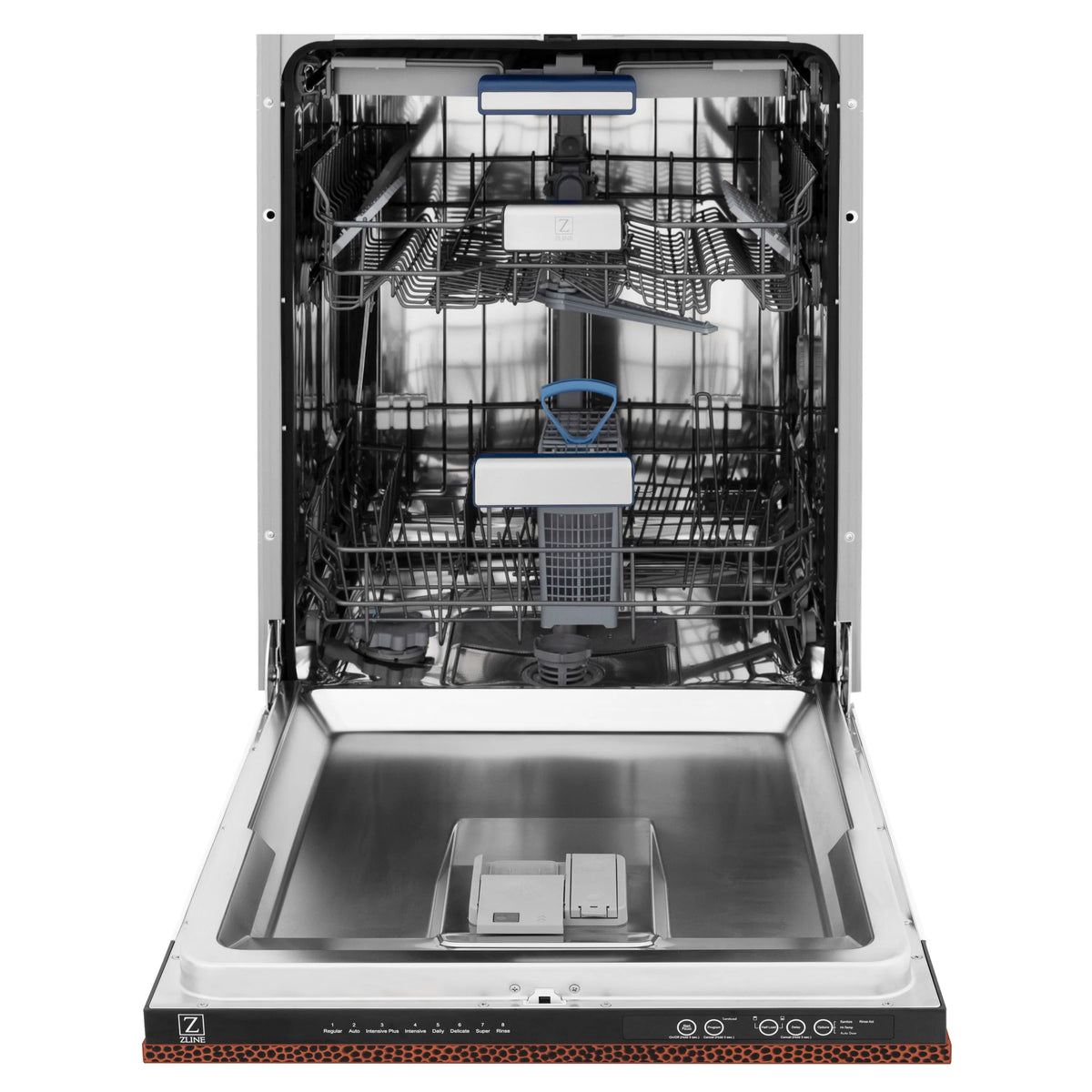 Built-in dishwasher with stainless steel interior and stacked wire racks