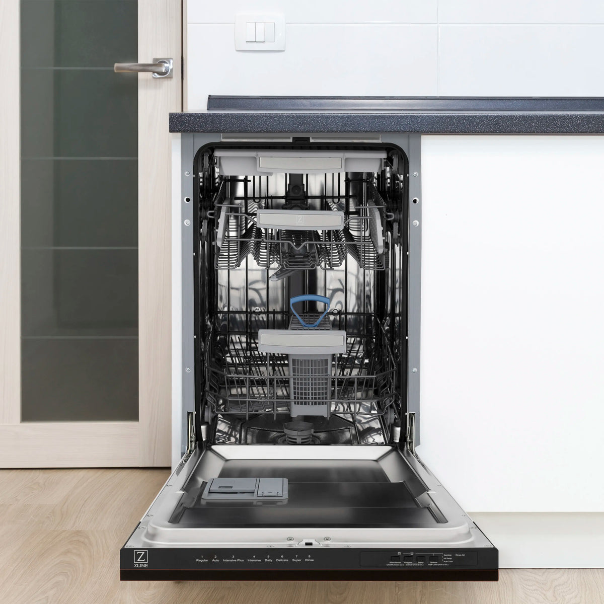 ZLINE top-control dishwasher with third rack open, stainless racks inside