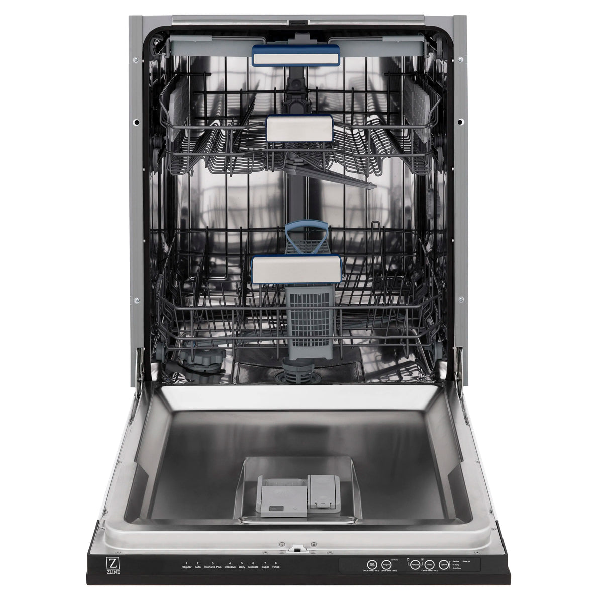 Dishwasher door open to stainless tub with stacked racks and spray arms