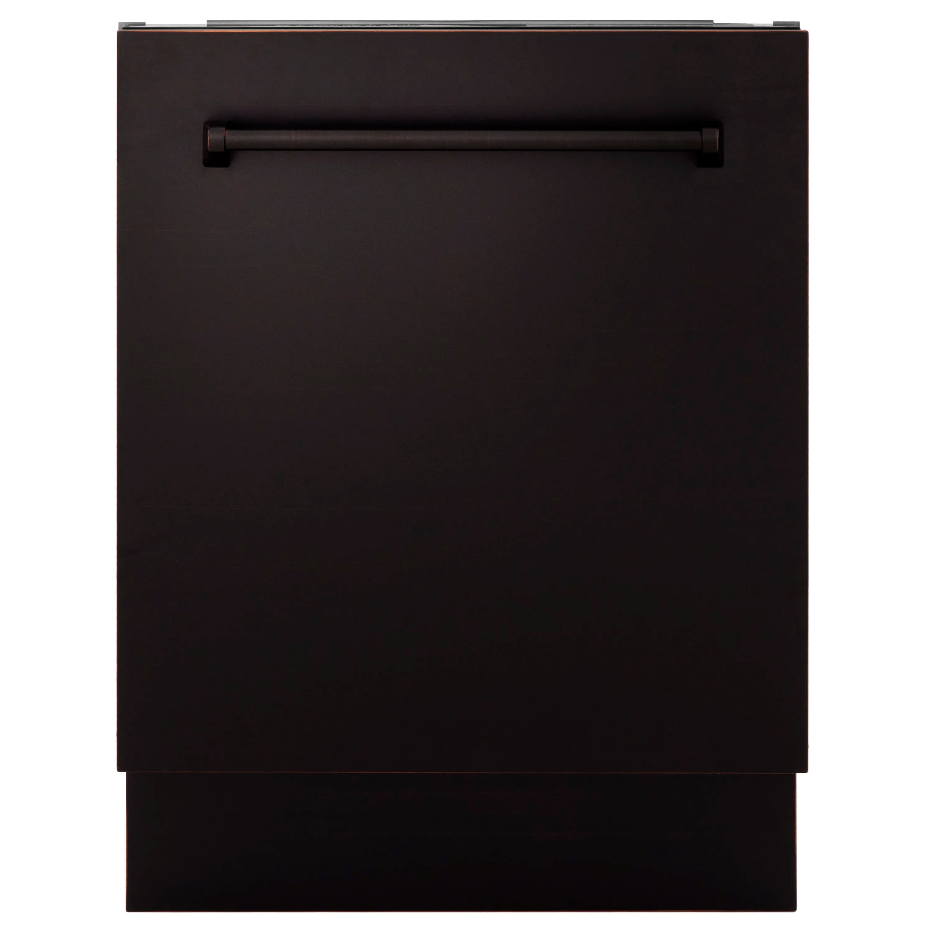 Oil-rubbed bronze dishwasher with dark door panel and recessed front handle