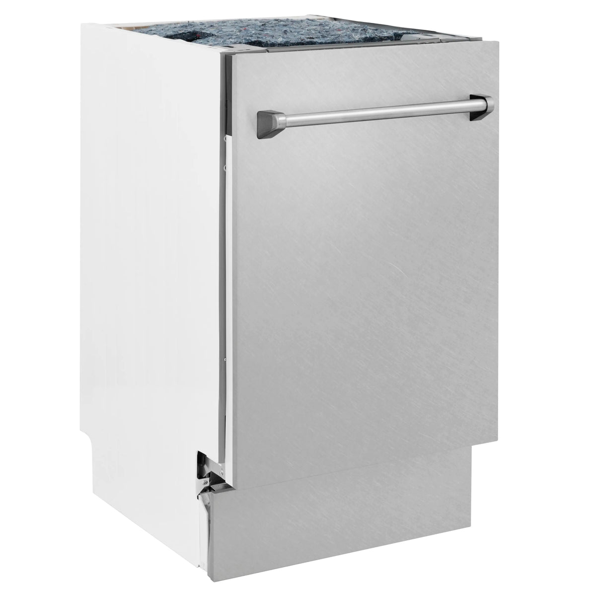 Satin stainless steel top-control dishwasher with side handle and door
