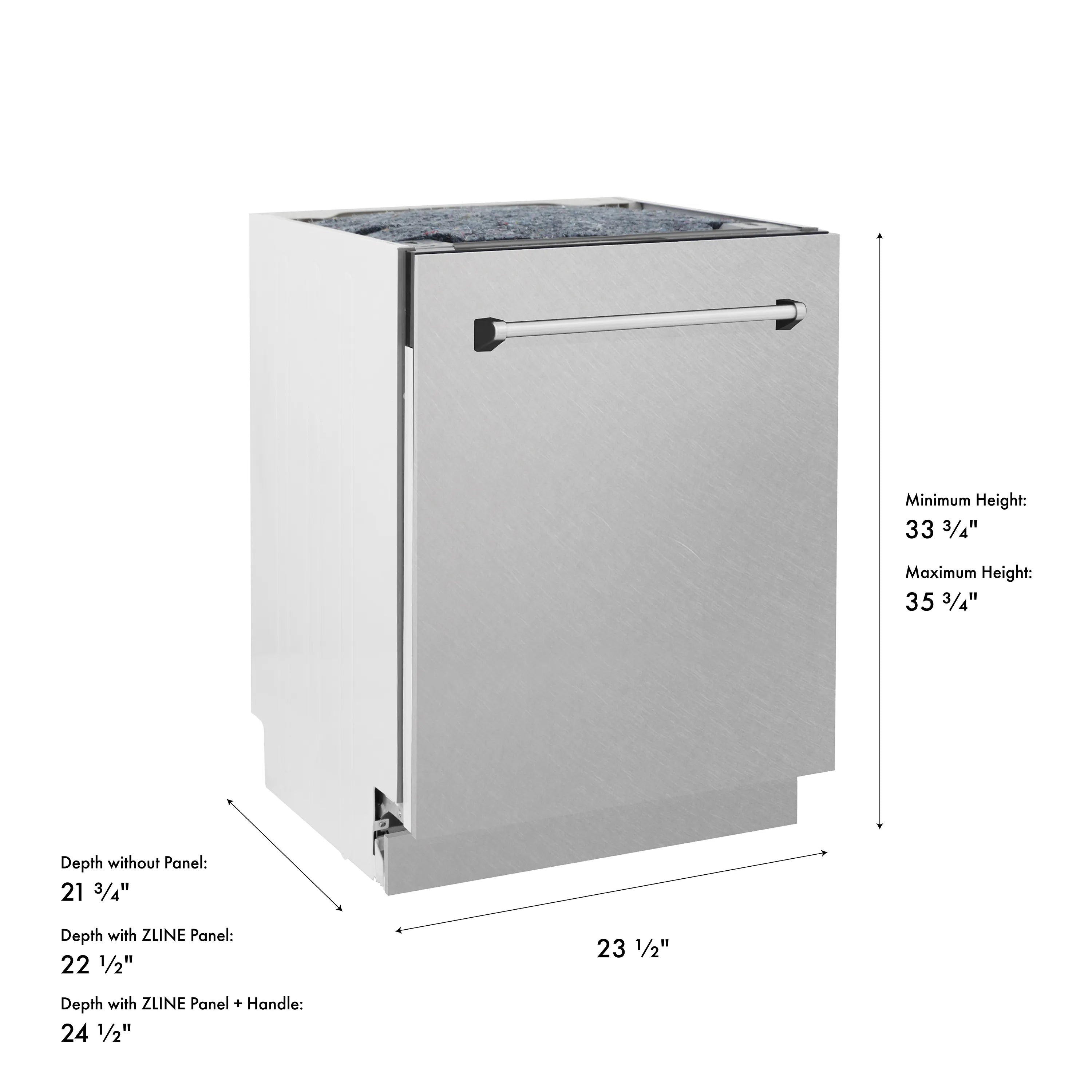 Satin stainless steel dishwasher cabinet with top handle and size outline