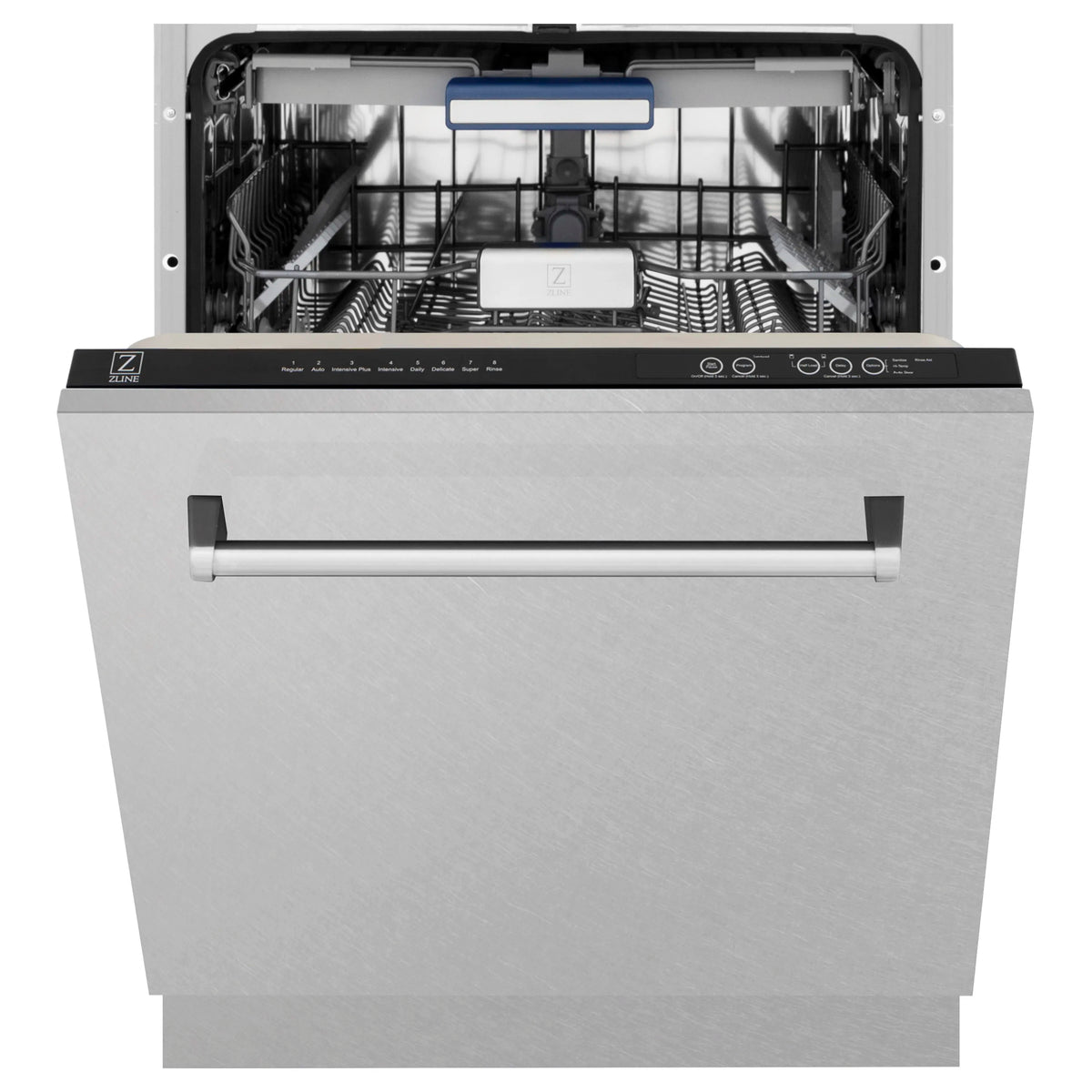 Tall dishwasher with door open showing wire racks and top control area