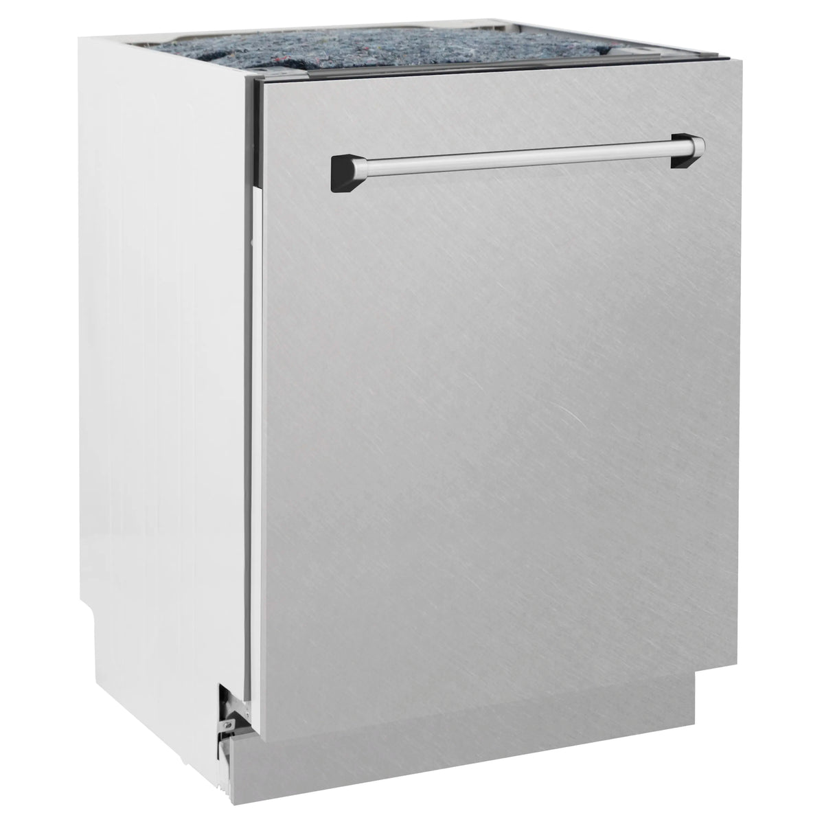 Tall dishwasher exterior in satin stainless steel with front handle