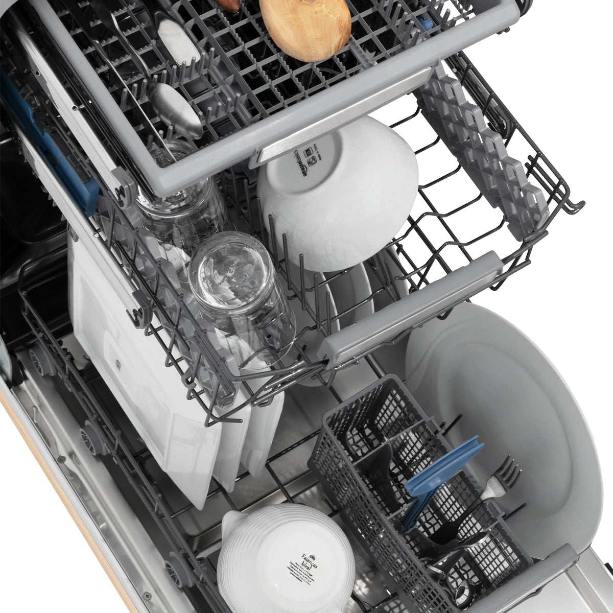 Dishwasher interior with stemware rack and blue cup holder
