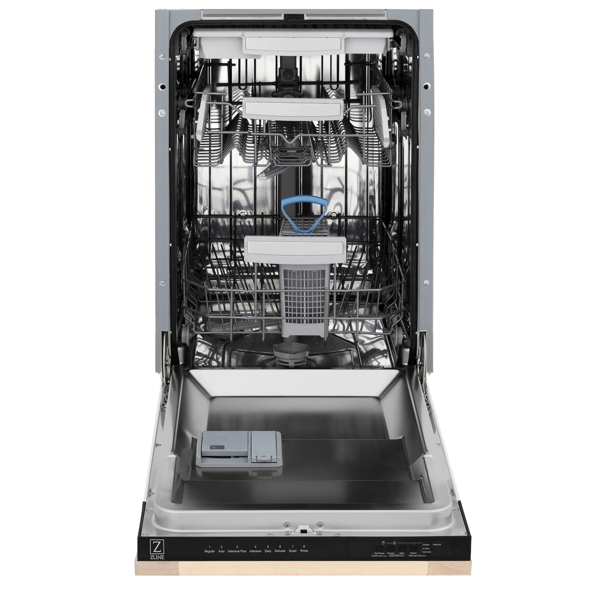 Built-in top-control dishwasher with open stainless tub and racks, third rack visible