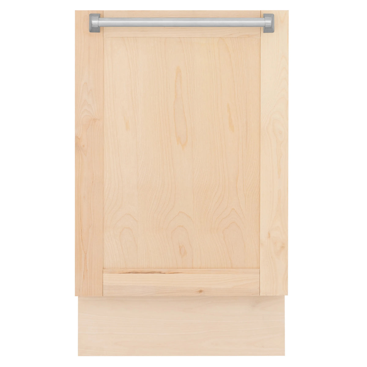 Unfinished wood-front dishwasher door panel with stainless top rail
