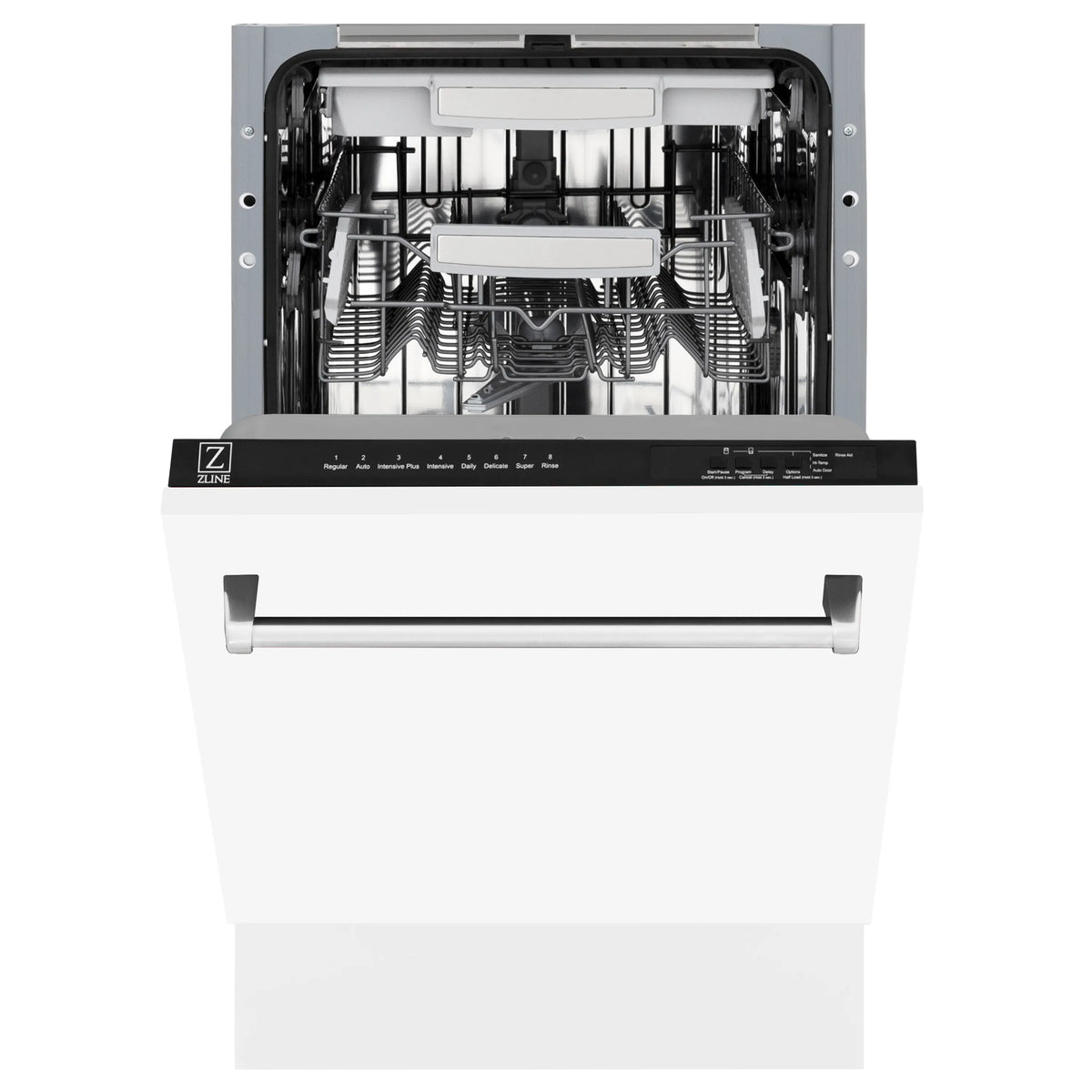 White matte dishwasher with stainless steel interior and open racks, top control panel