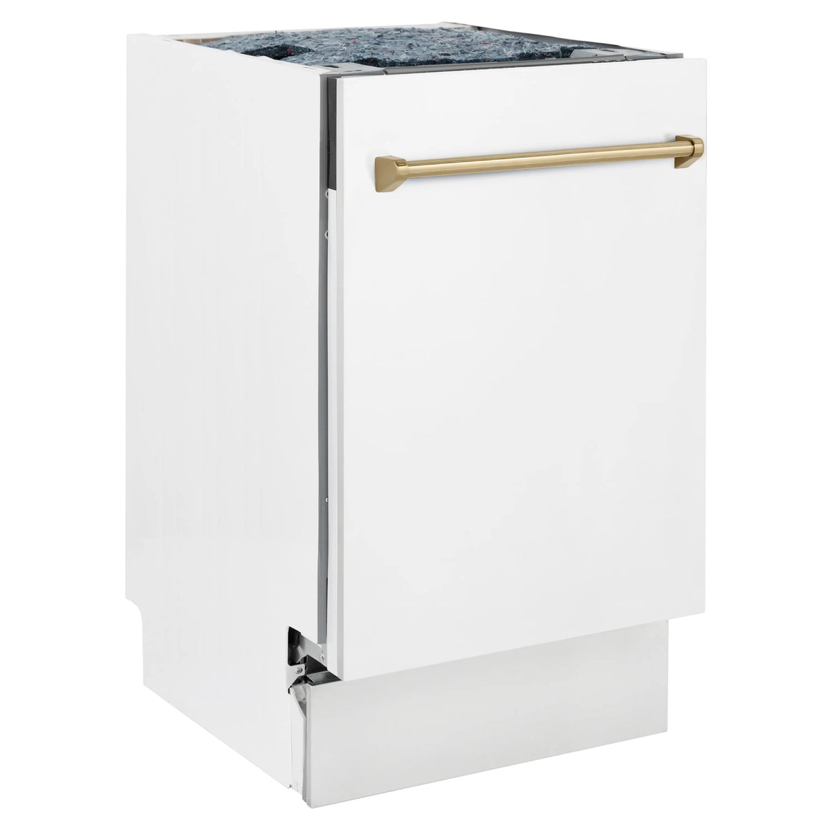 Compact dishwasher front in matte white with champagne bronze horizontal handle