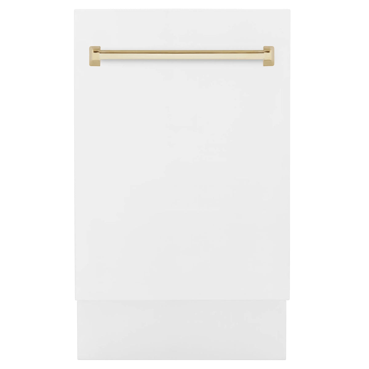 White dishwasher front panel with polished gold handle