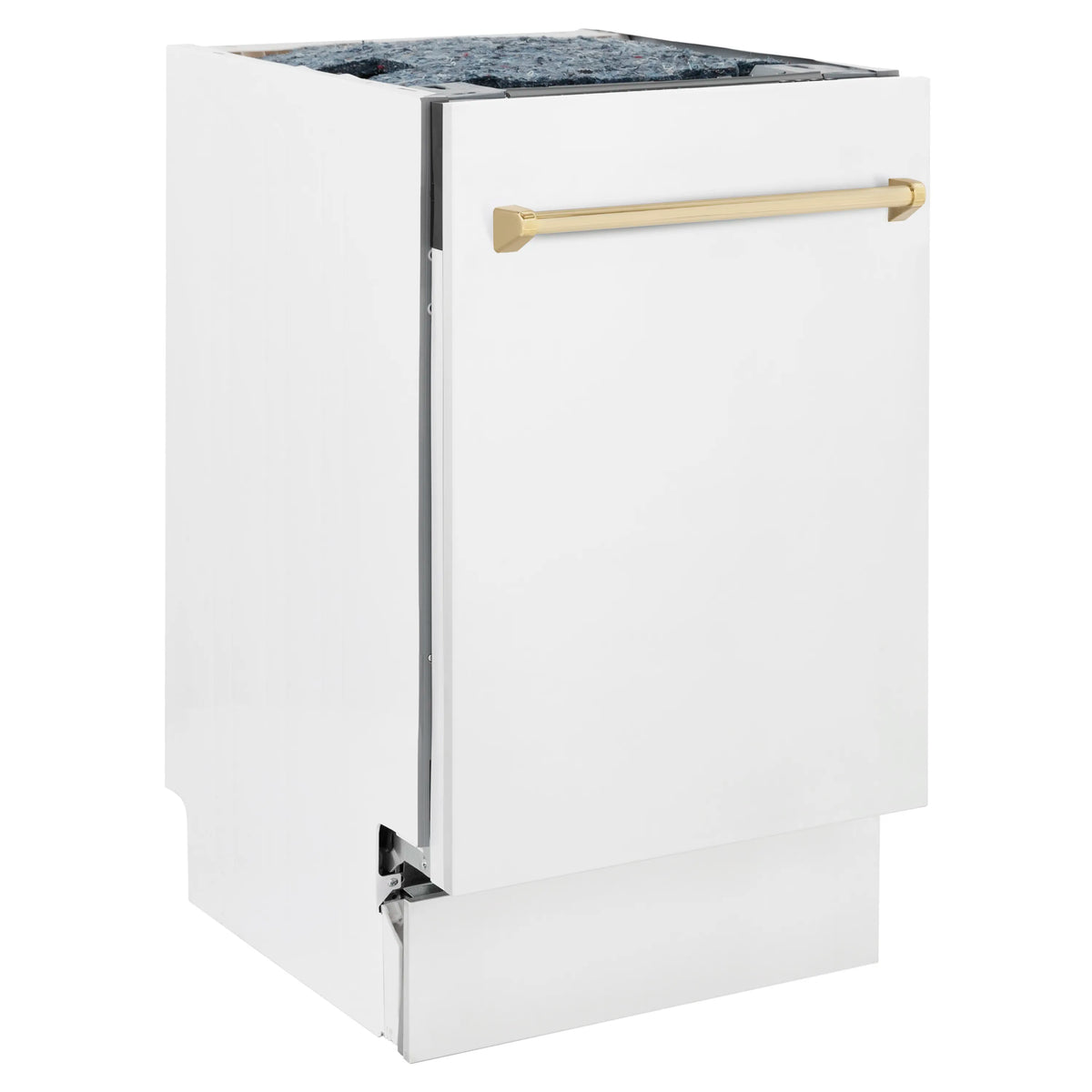 Compact white matte dishwasher with gold handle, front corner view