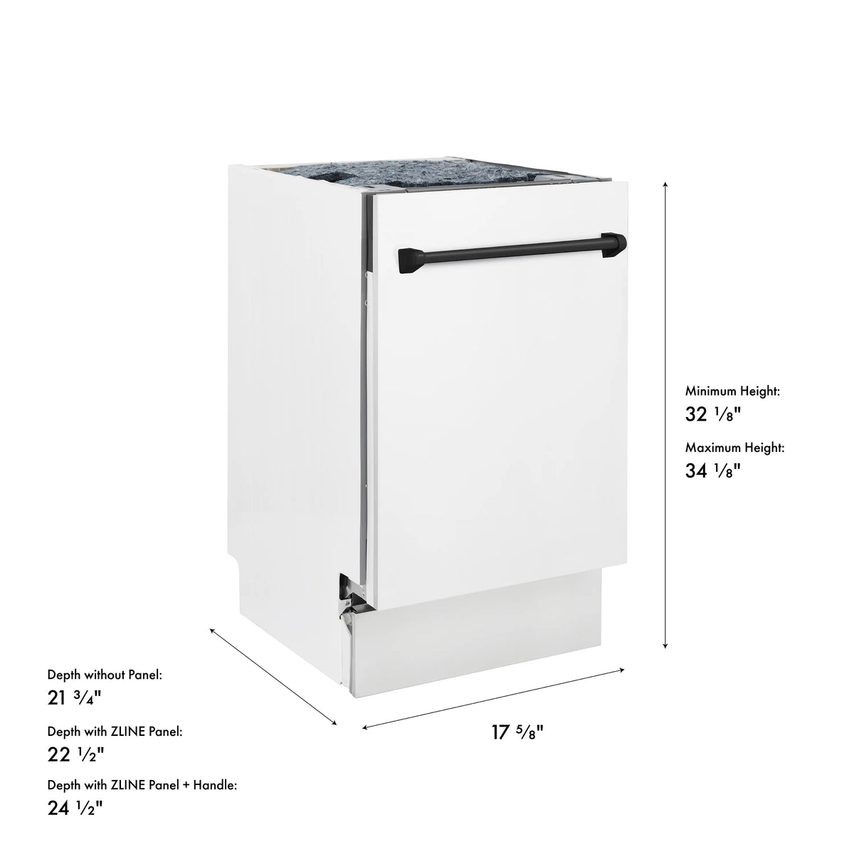 White built-in dishwasher with black handle, size diagram view