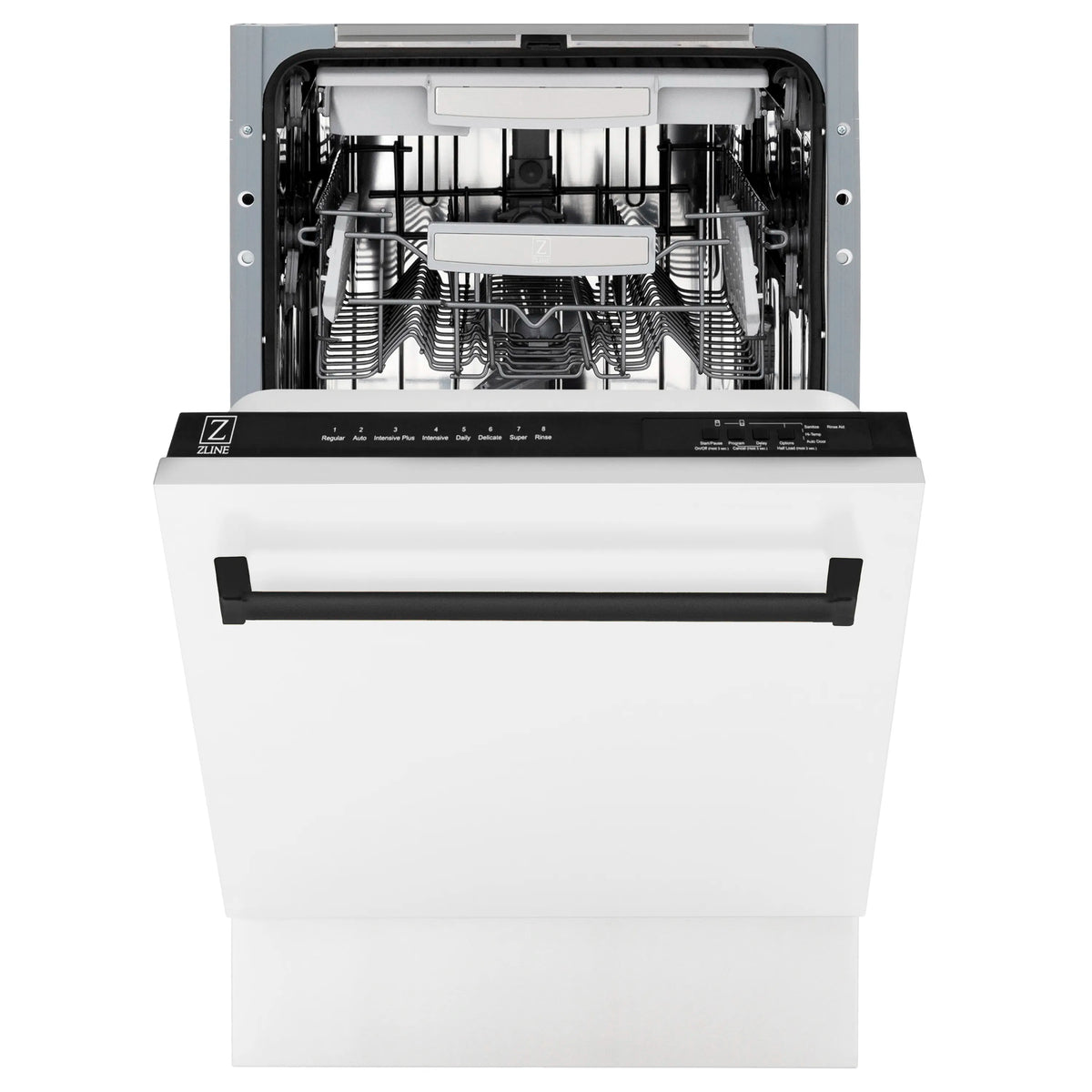 Front view of open dishwasher with racks and white exterior