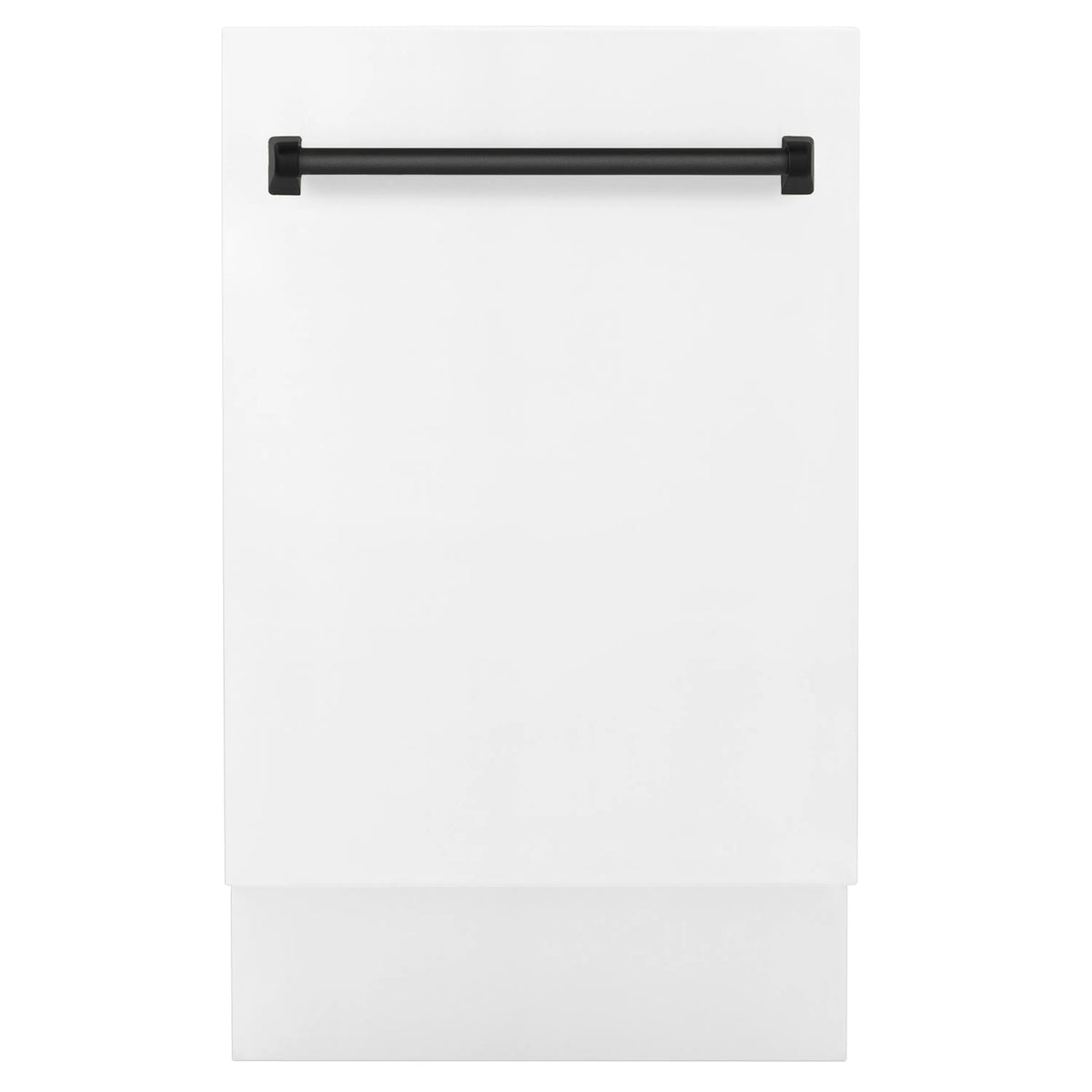 White dishwasher door front with matte black horizontal handle