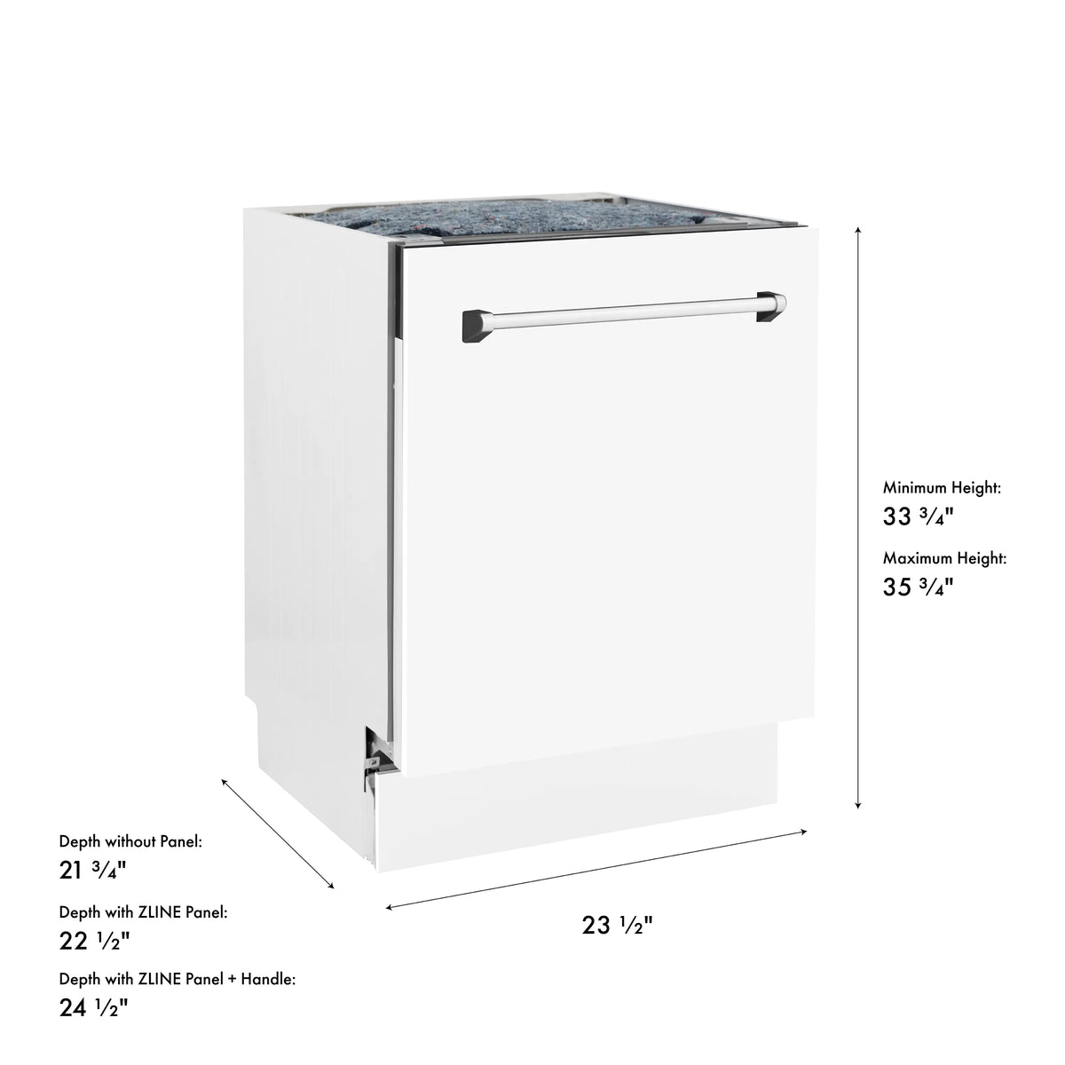 Dishwasher dimension diagram with handle bar and height/depth measurement labels