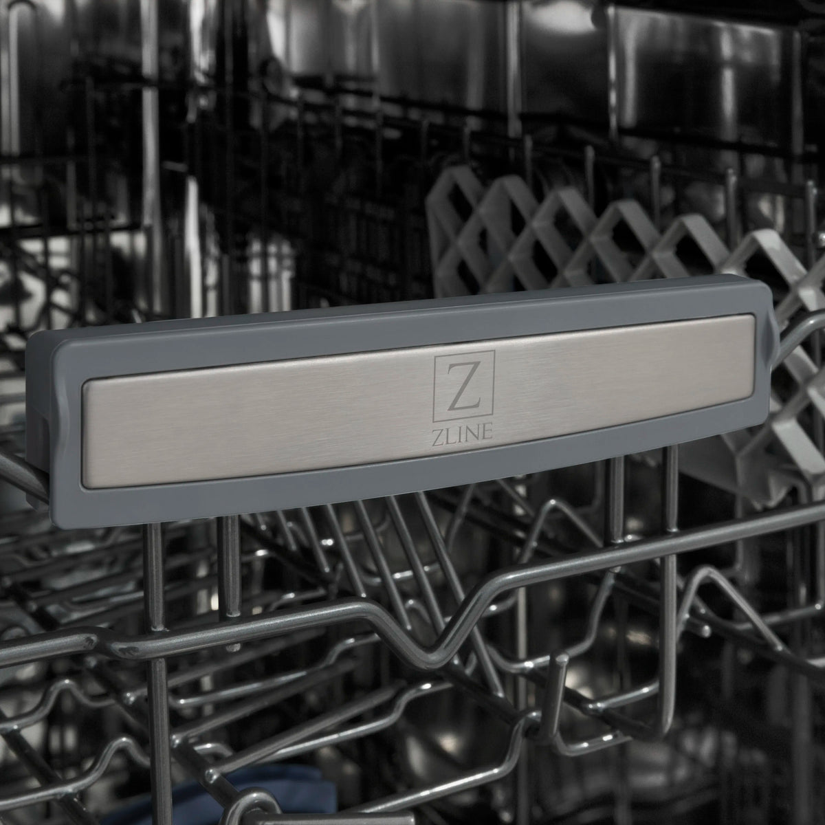 Stainless dishwasher rack handle with ZLINE logo