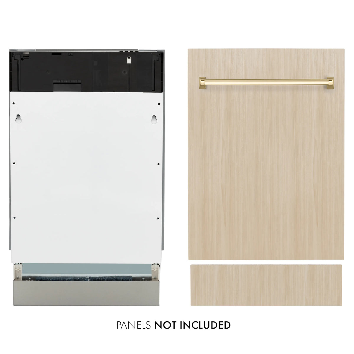 Panel-ready dishwasher and matching wood-look front panels with polished gold horizontal handle.