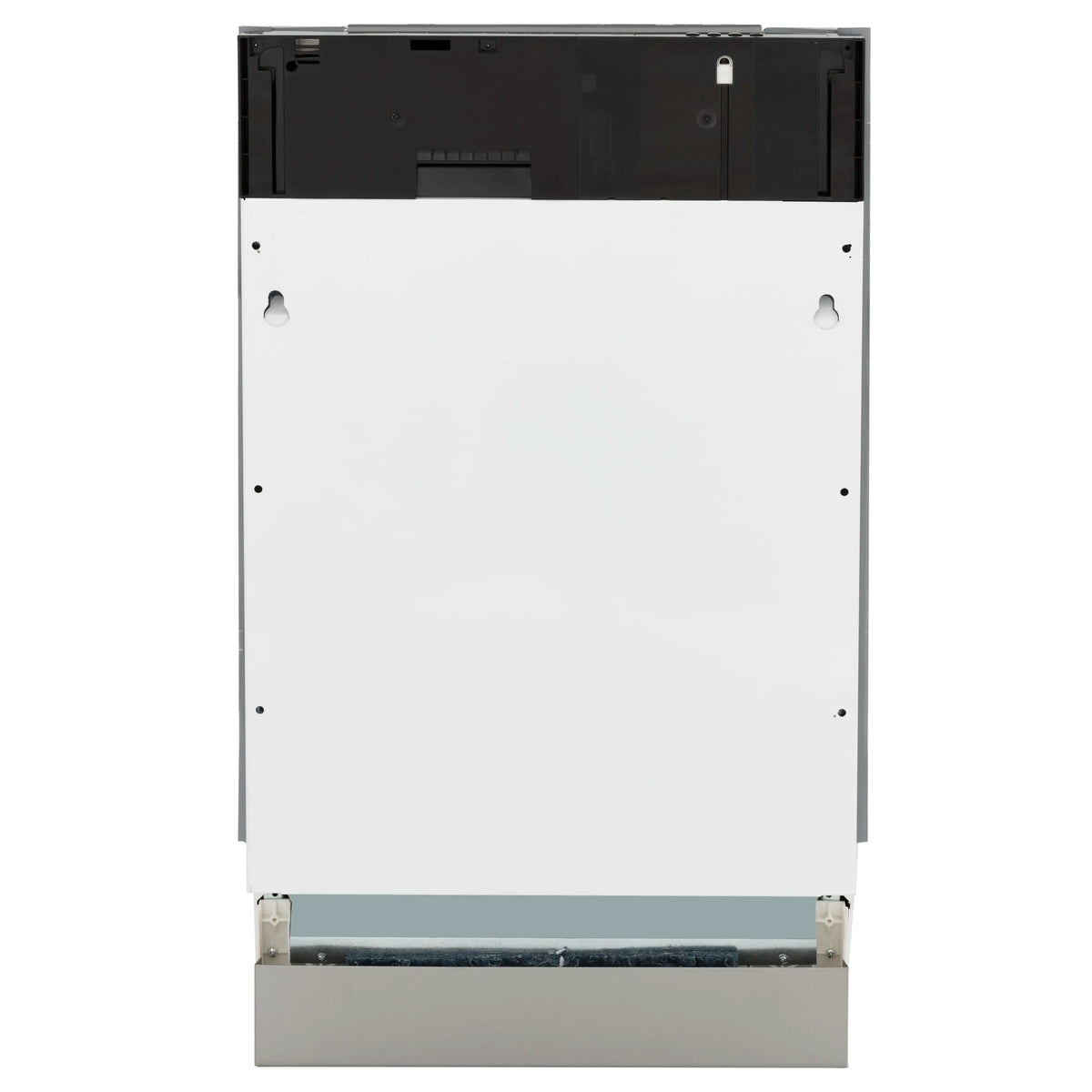 Panel-ready dishwasher front view with white door and dark top control panel, open base rack area.