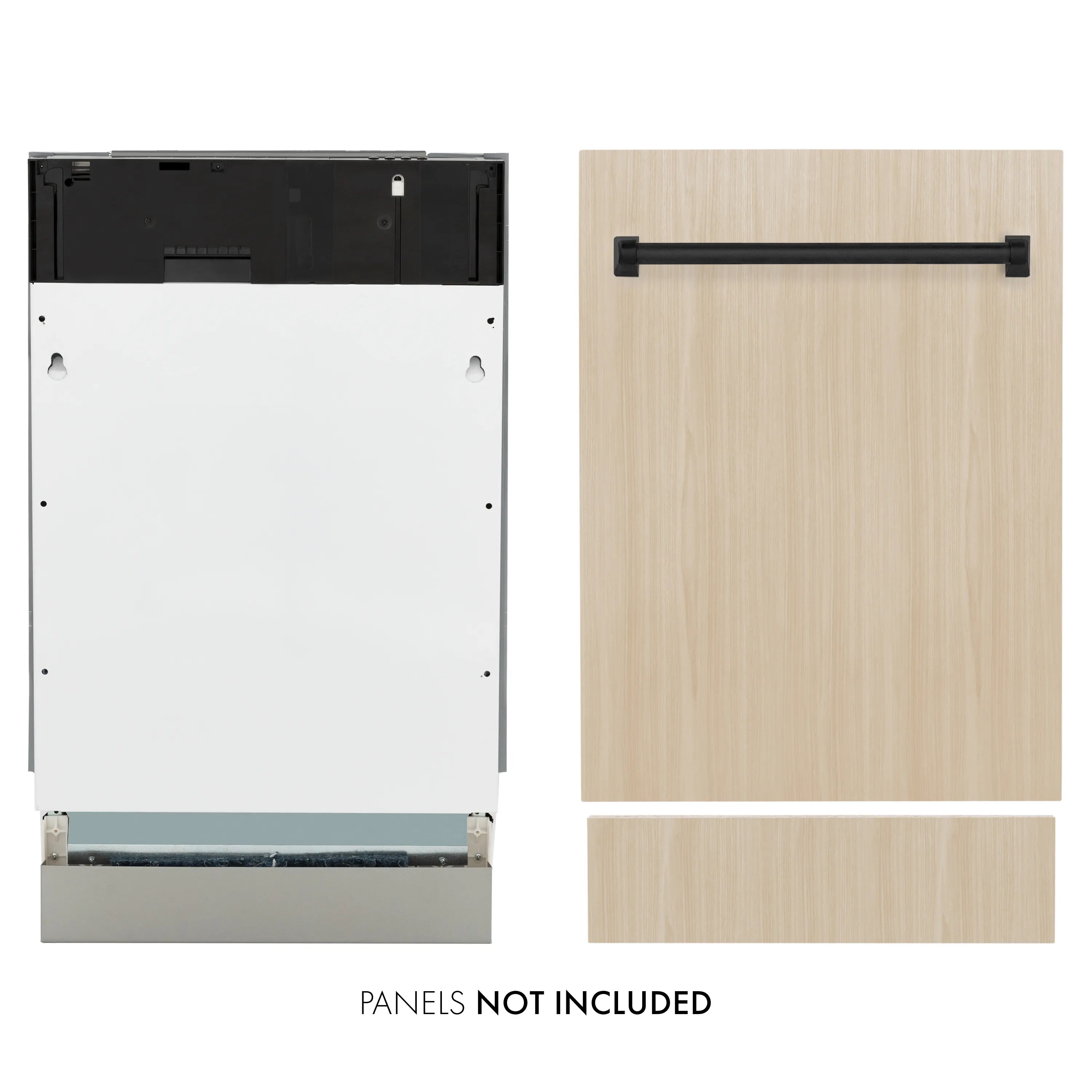 Custom panel-ready dishwasher with matte black top handle and two wood panel options