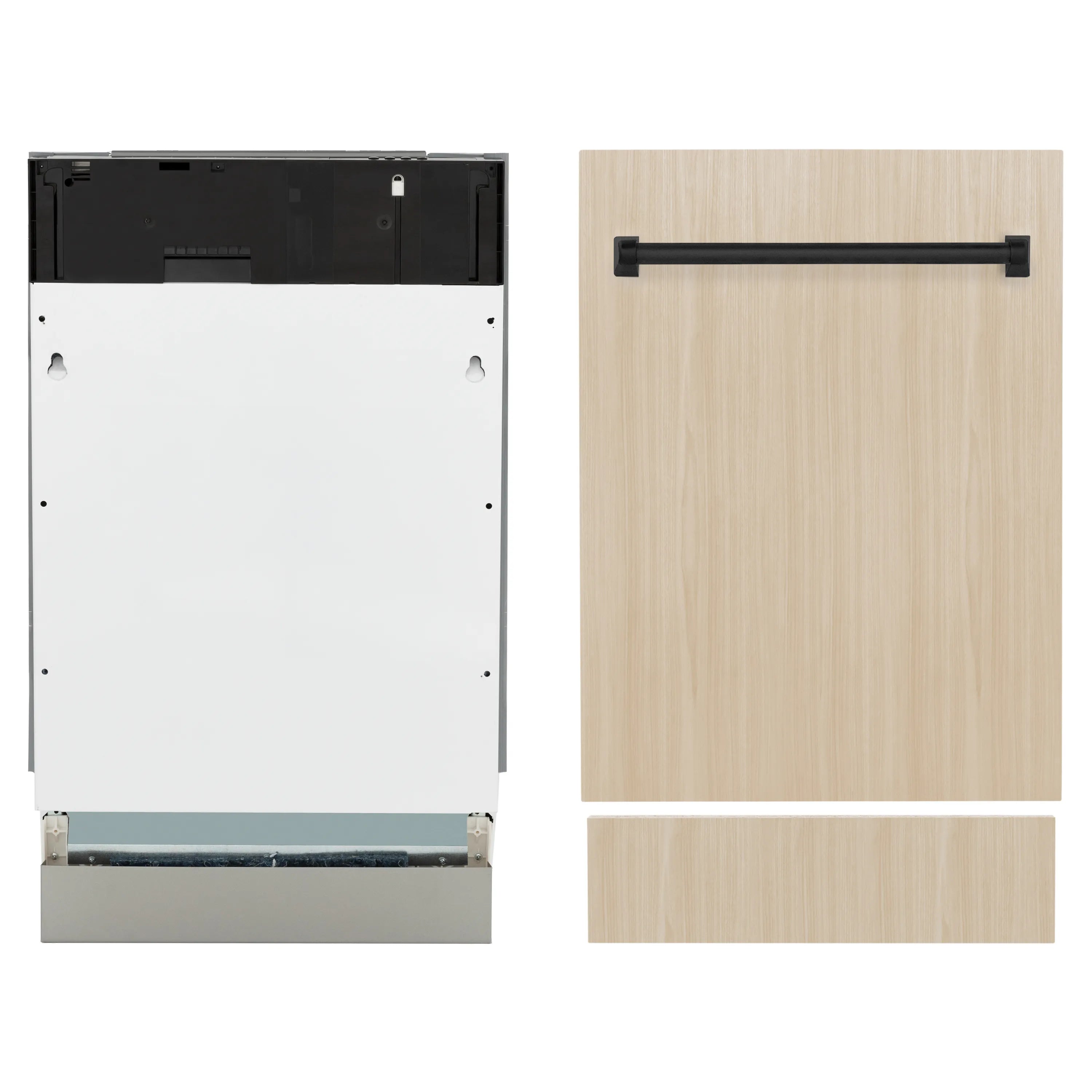 Custom panel-ready dishwasher with matte black top handle and wood panel mockup