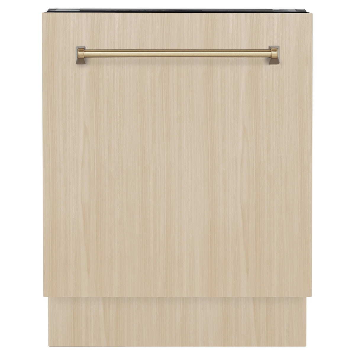 Custom front panel with champagne bronze handle for a built-in tall dishwasher