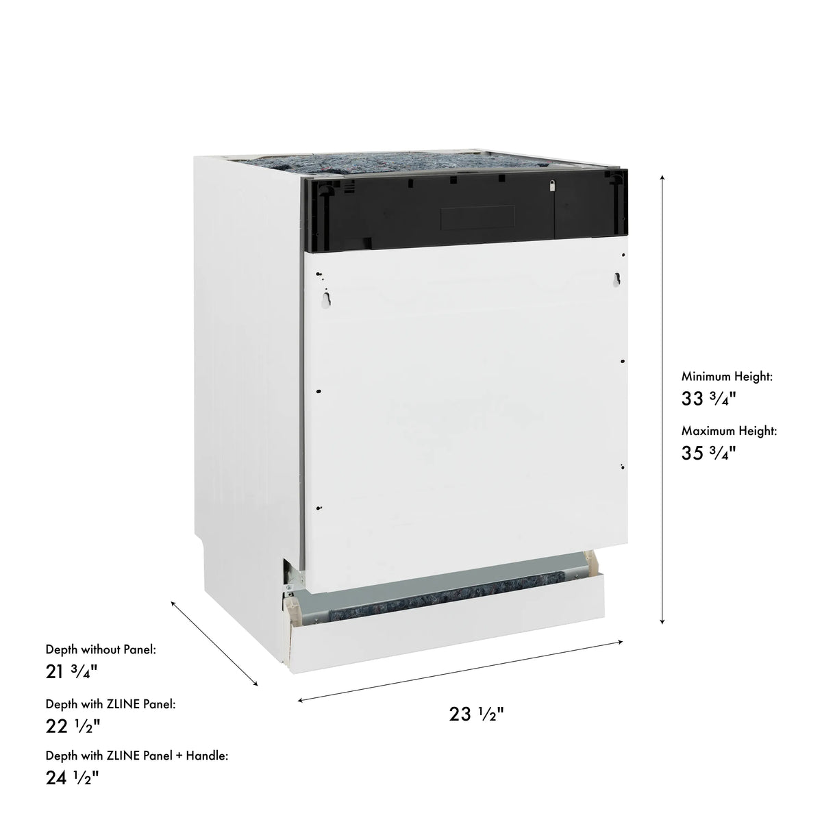Built-in dishwasher installation dimensions, front and side view