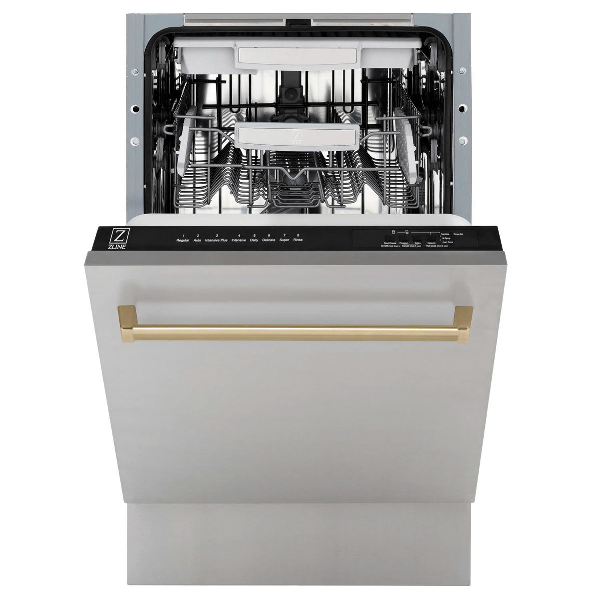 Stainless steel dishwasher with open door, bronze handle, and interior racks