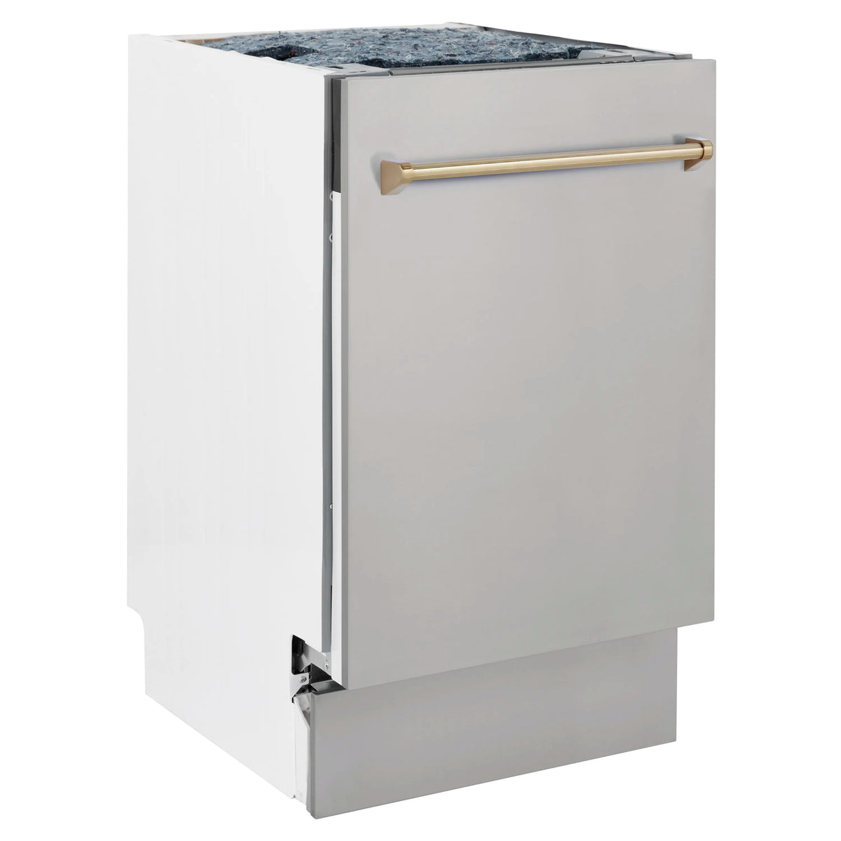 Compact countertop dishwasher with stainless steel body and champagne bronze bar handle