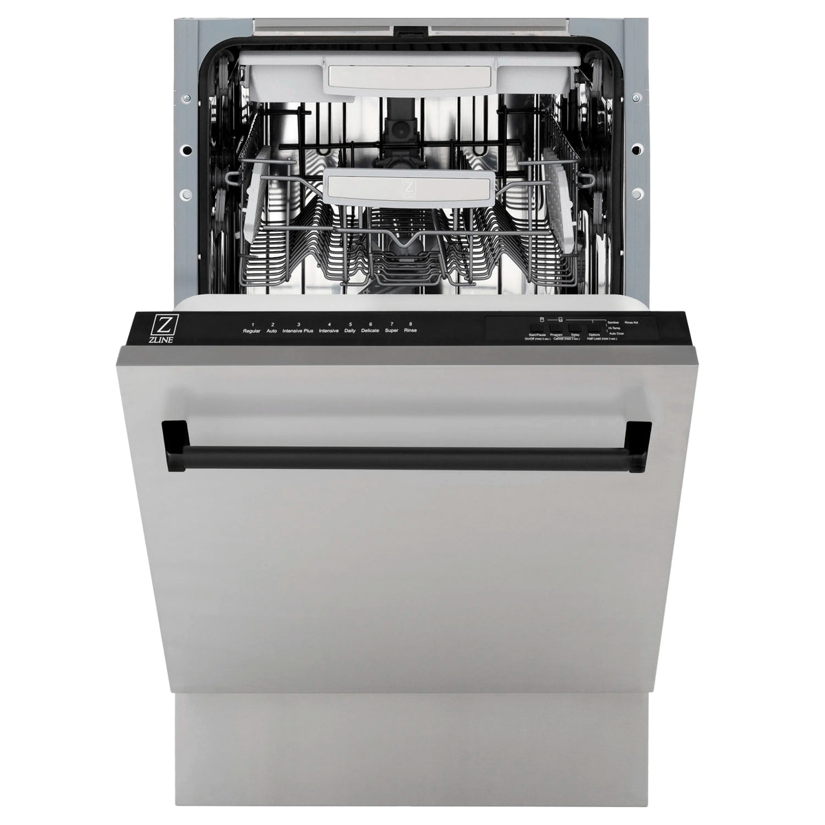 ZLINE compact dishwasher with front open tub and top control panel across the door