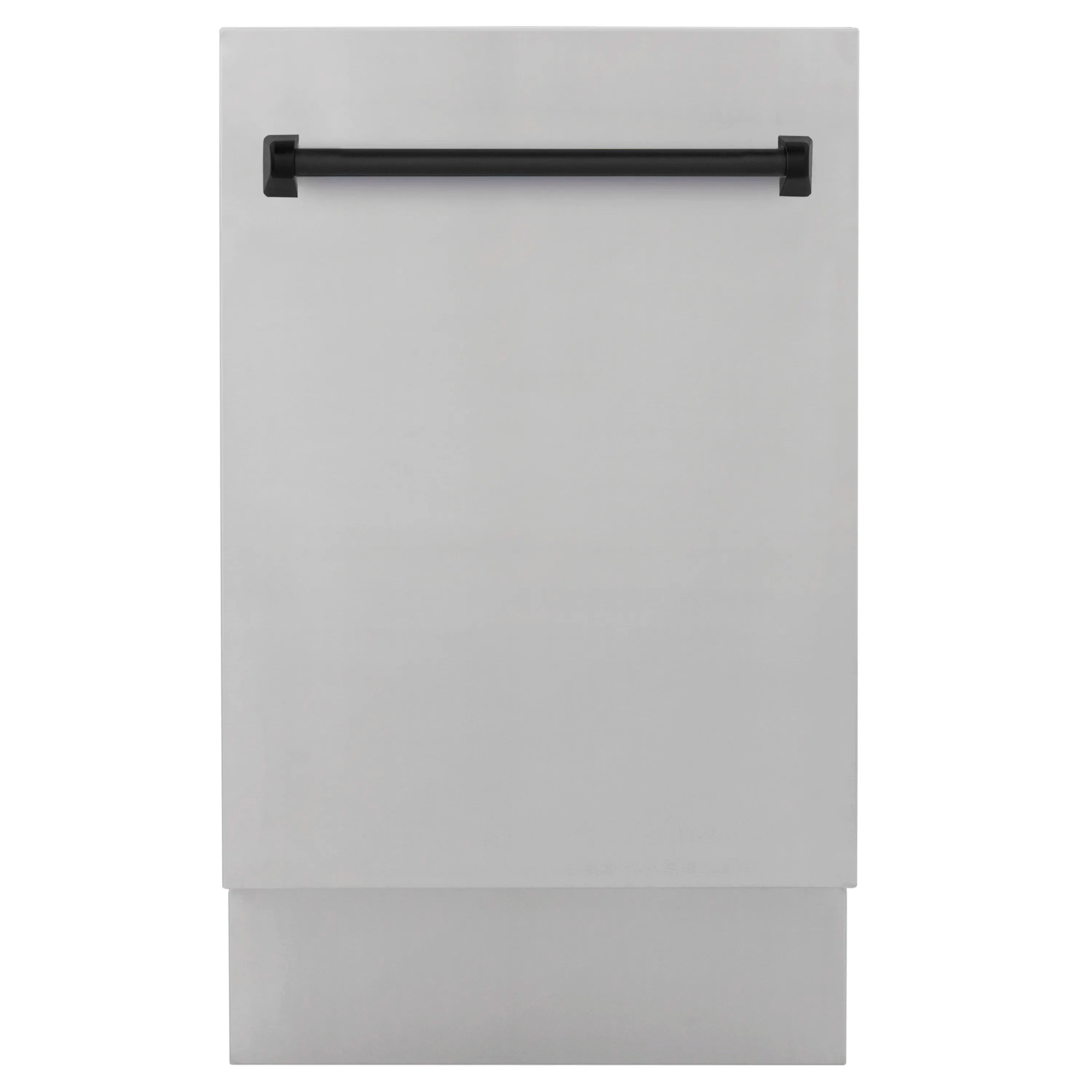 Compact dishwasher front panel with black handle and stainless finish
