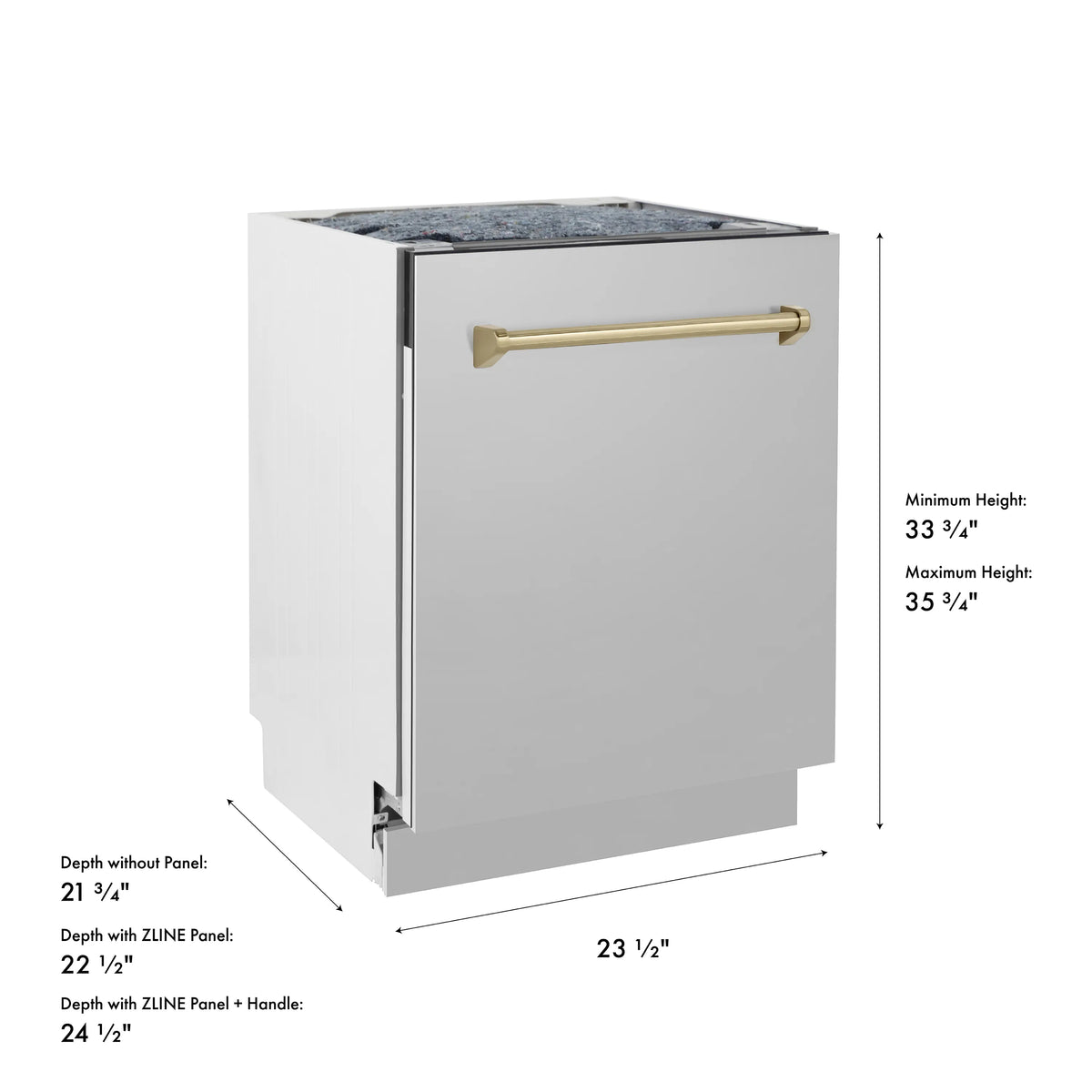 Dishwasher size diagram with gold handle and white front panel dimensions