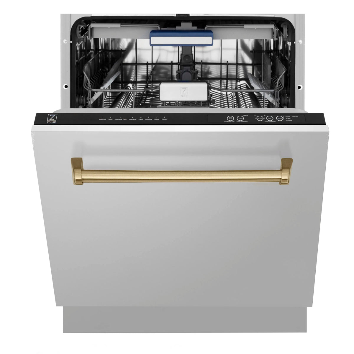Front view of tall tub dishwasher with gold handle and illuminated control panel