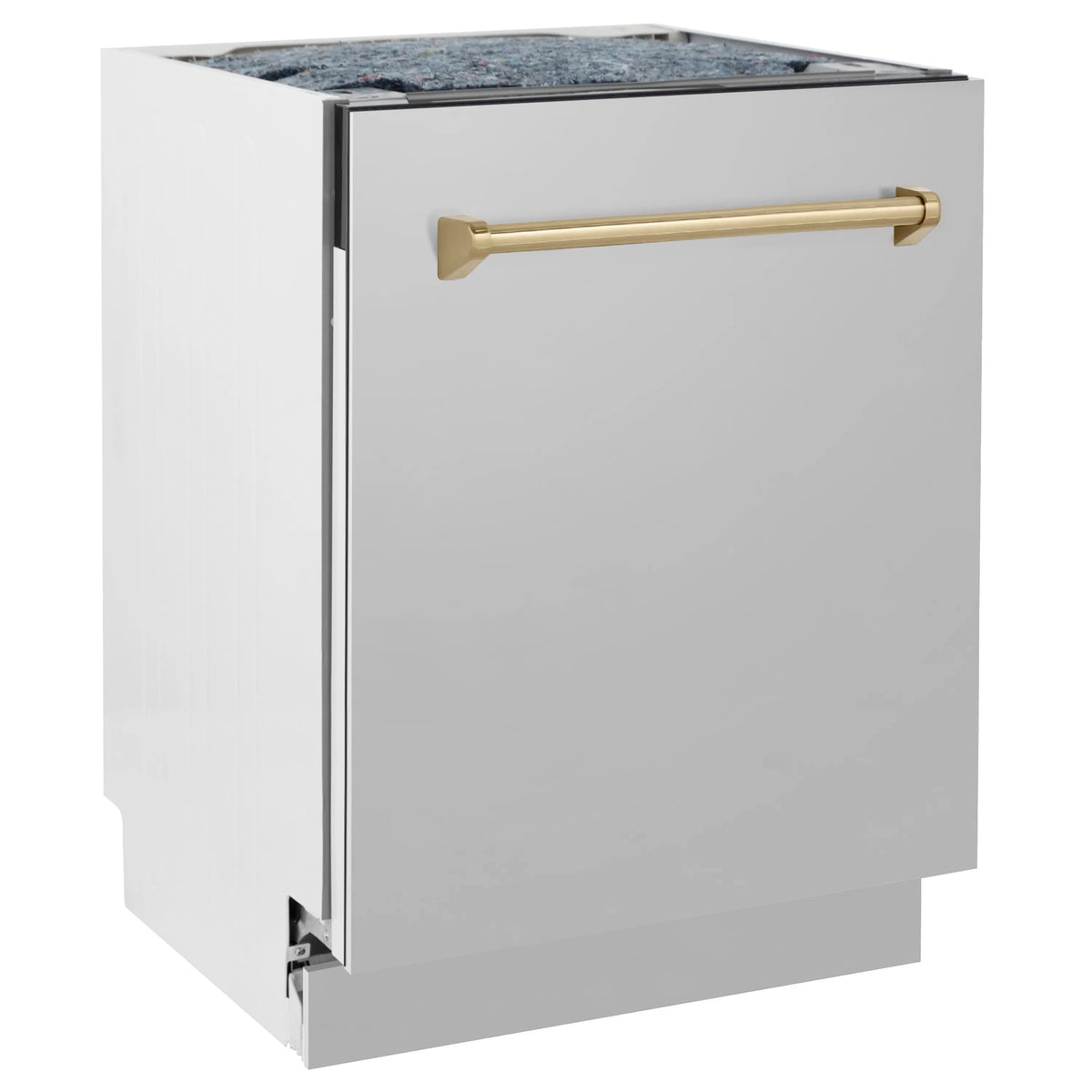 Built-in tall tub dishwasher front with champagne bronze handle and open lid