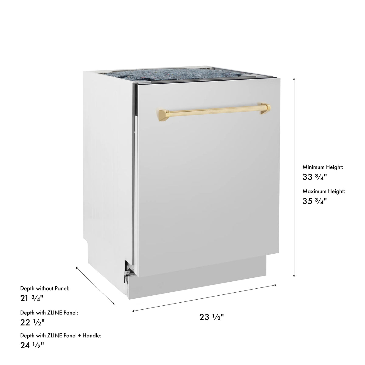 Dishwasher door with gold handle shown with height and depth diagram.