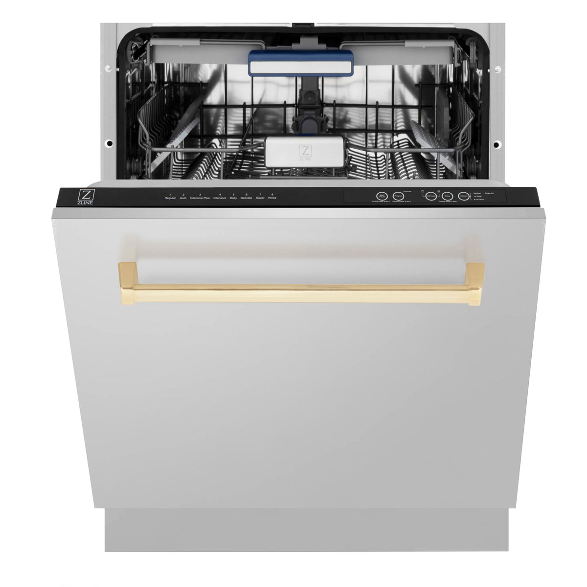 Tall tub dishwasher front with gold handle and open door, interior racks visible.