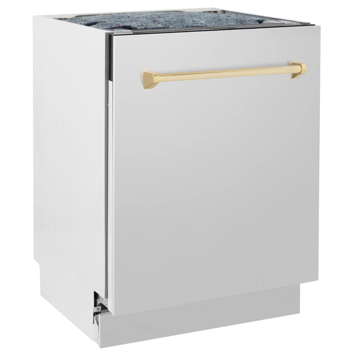 Front view dishwasher door with gold handle and stainless interior opening
