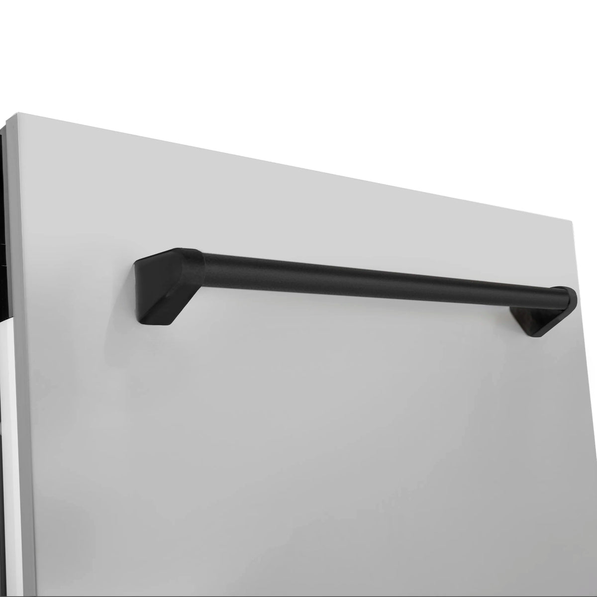 Matte black dishwasher handle mounted on stainless steel door