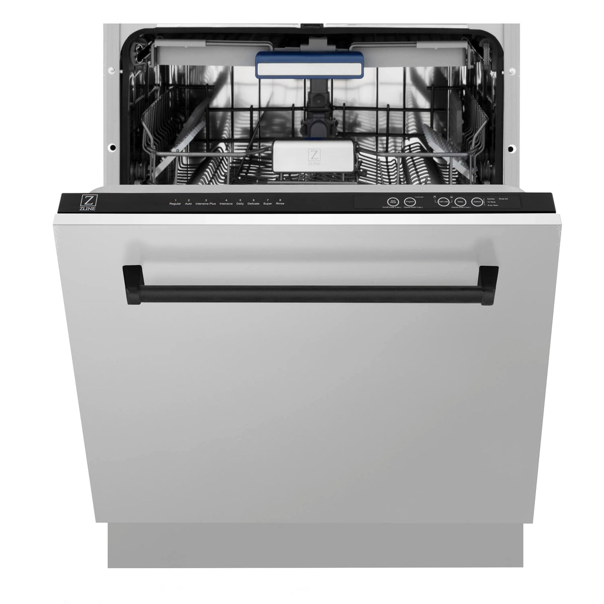 Stainless steel tall tub dishwasher with matte black top control panel and open door