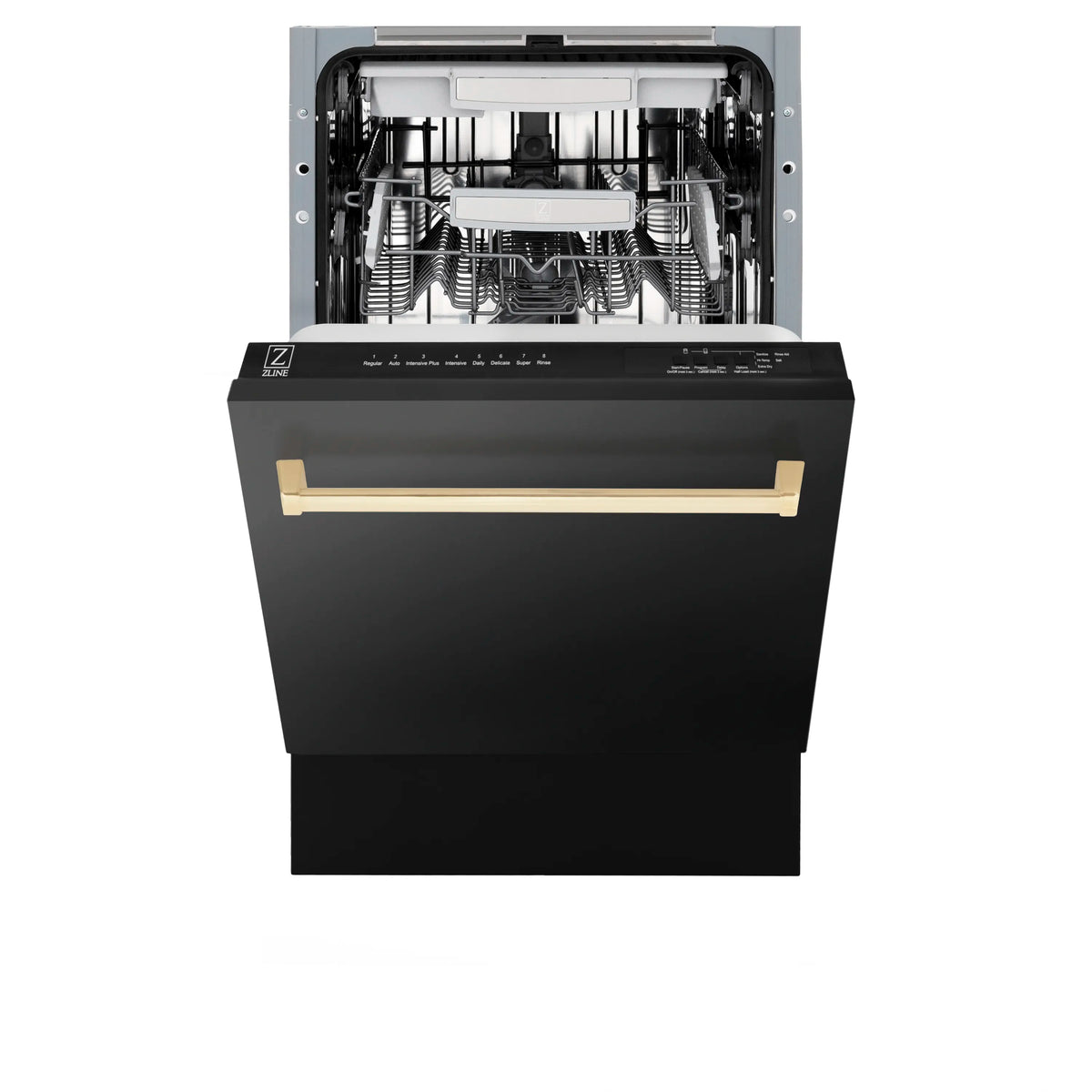 Tall dishwasher with door open, black interior racks and polished gold bar handle