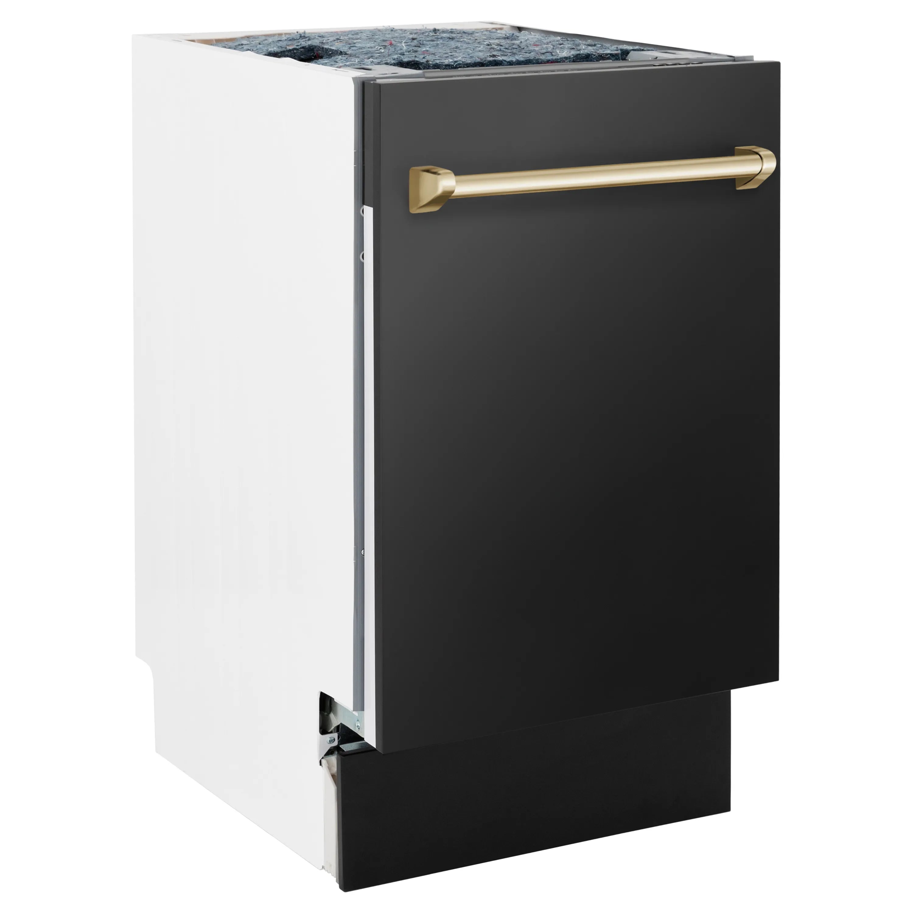 Black tall tub dishwasher, angled side view with gold bar handle.