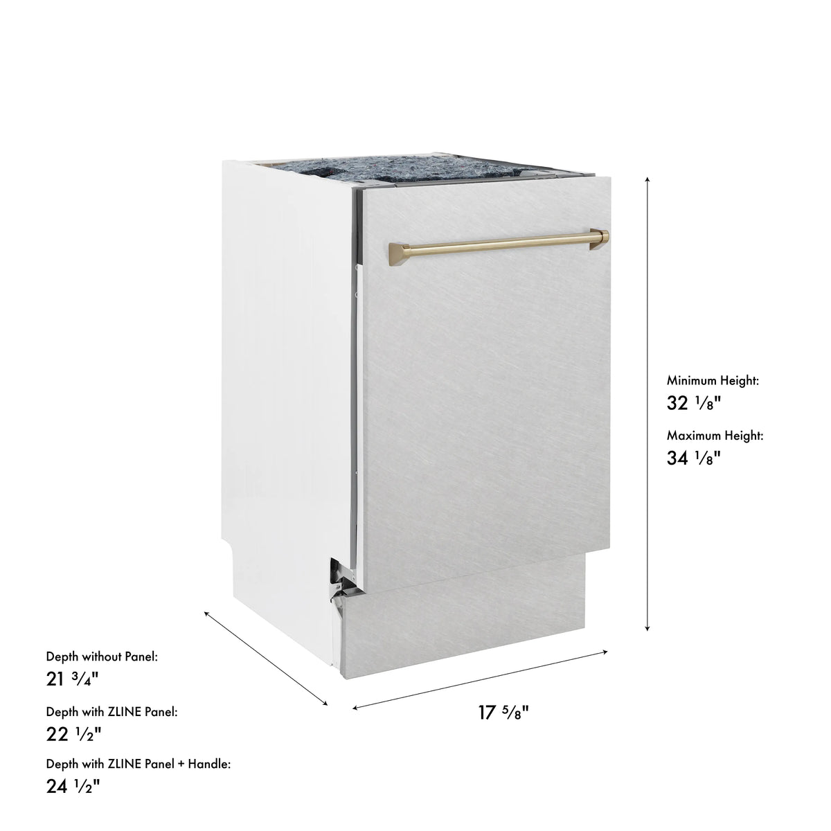 Dishwasher size diagram showing front panel and champagne bronze handle