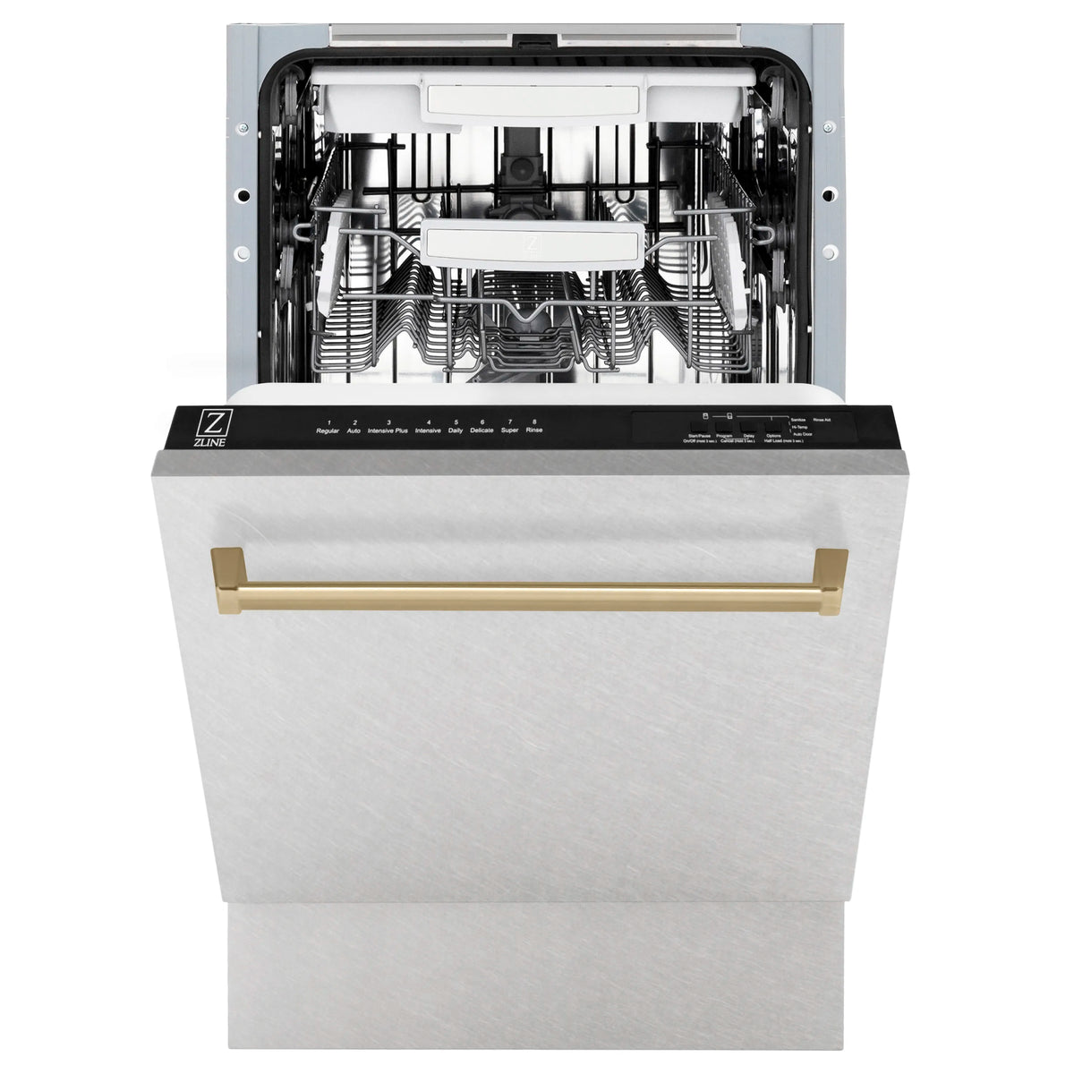 Open dishwasher with champagne bronze handle and loaded interior racks