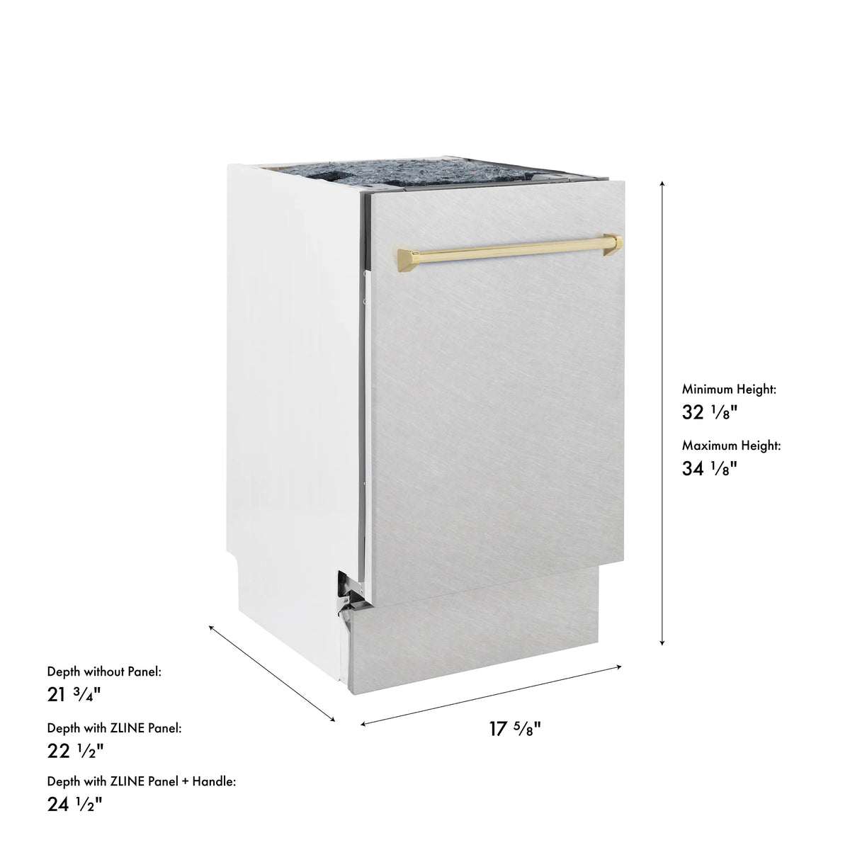 Compact dishwasher with size diagram showing height and depth on white background.