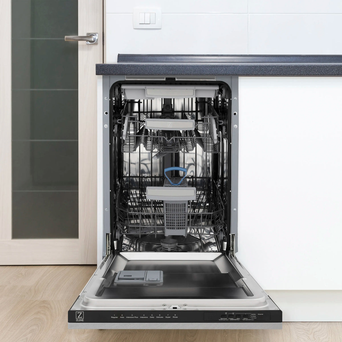 Open dishwasher with stacked racks and satin stainless steel door