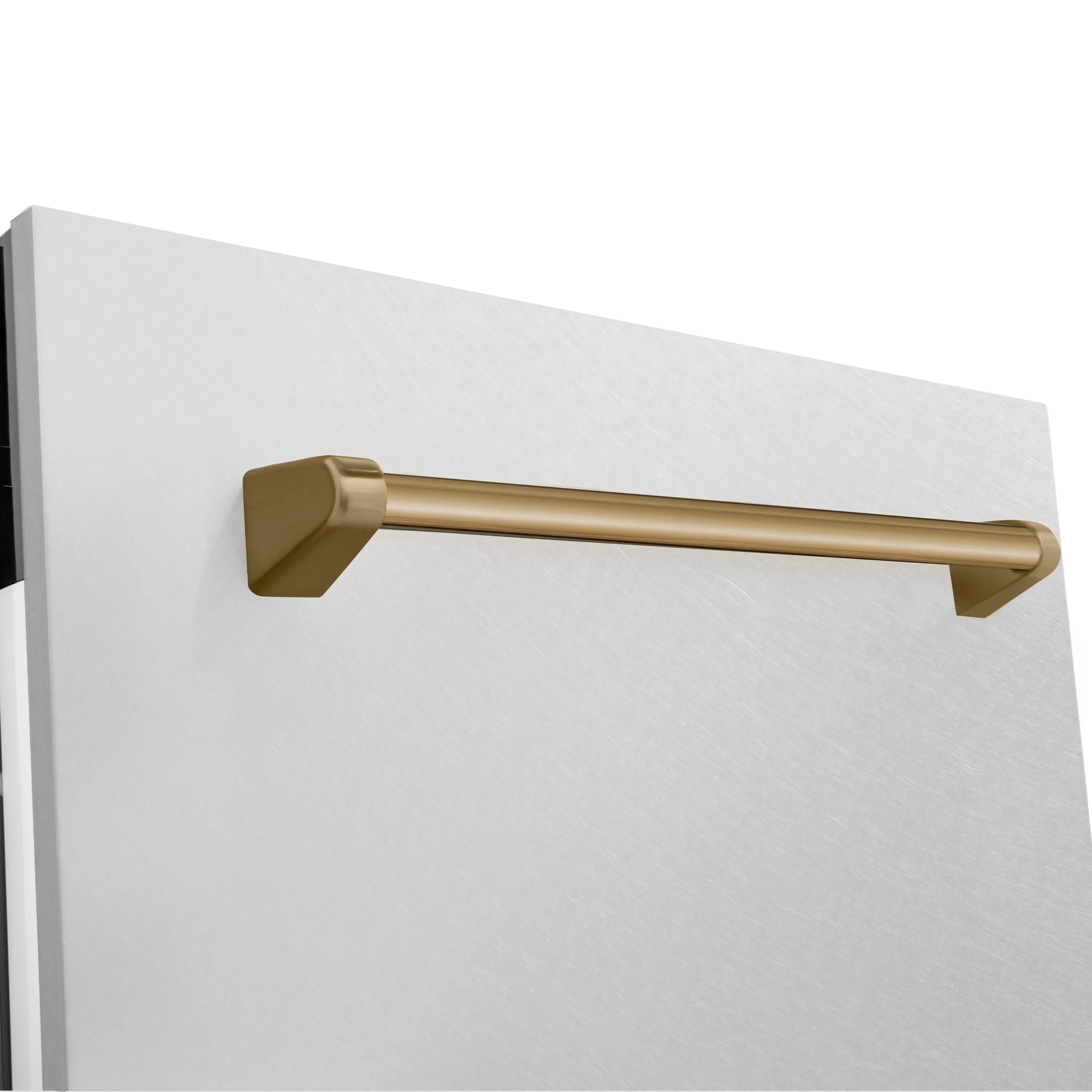 ZLINE champagne bronze door handle on satin stainless dishwasher front