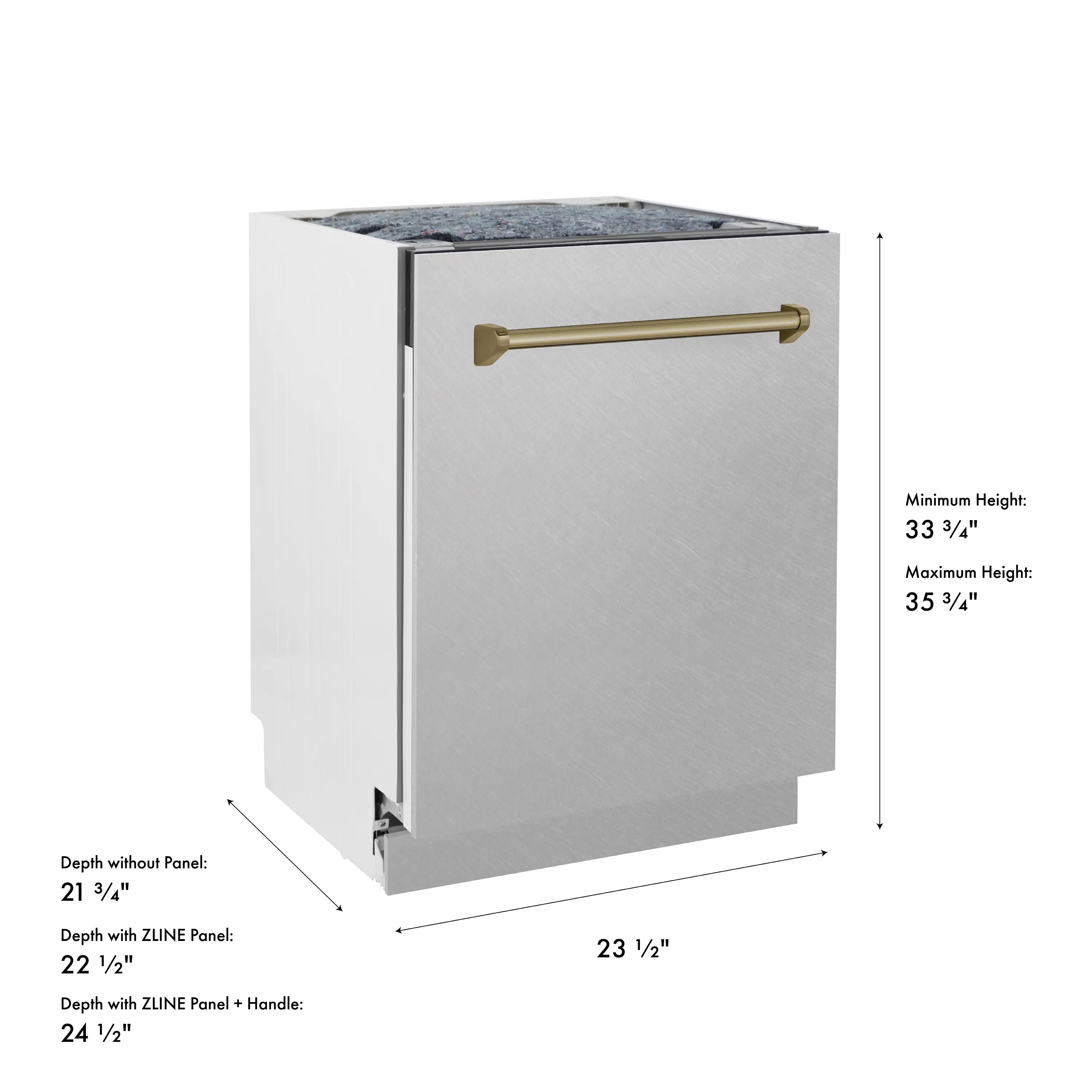 Satin stainless steel dishwasher with champagne bronze handle and dimensions