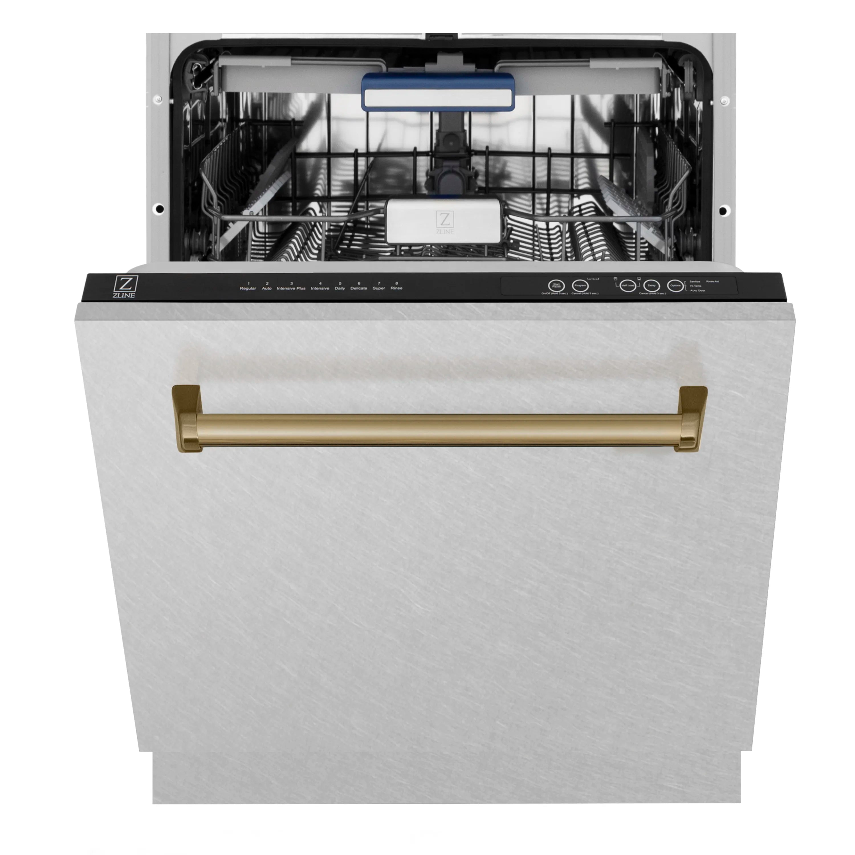 Dishwasher front view with top rack and control panel above the open door
