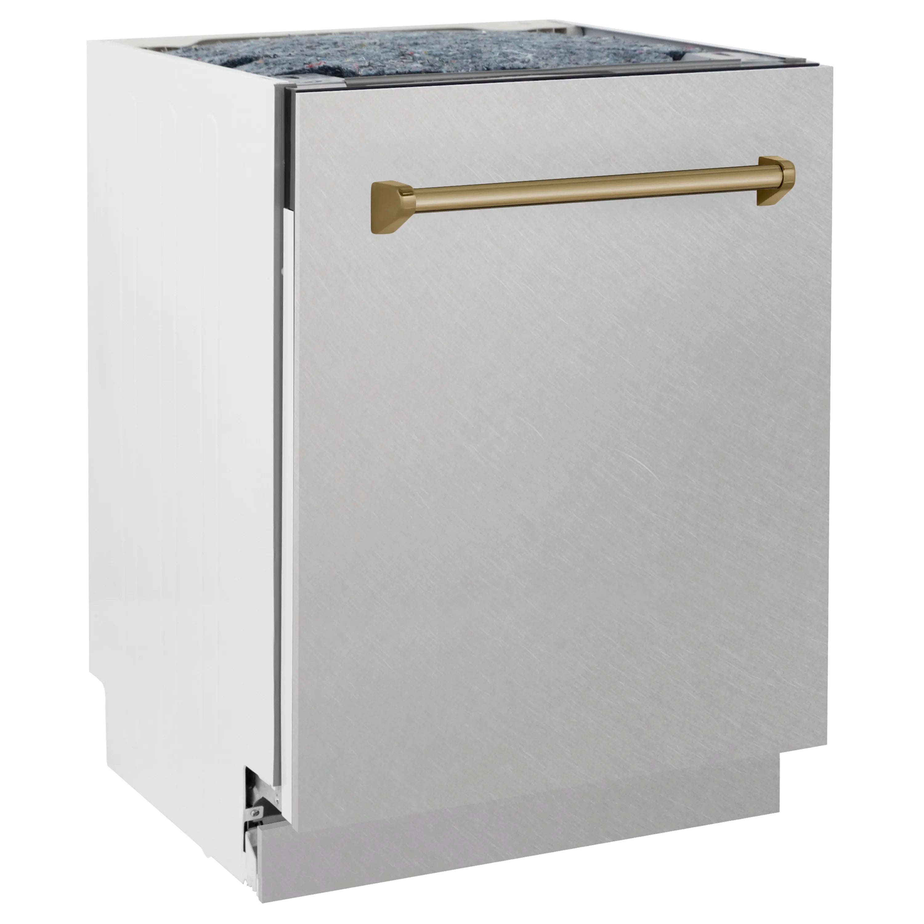Satin stainless steel dishwasher door with champagne bronze handle